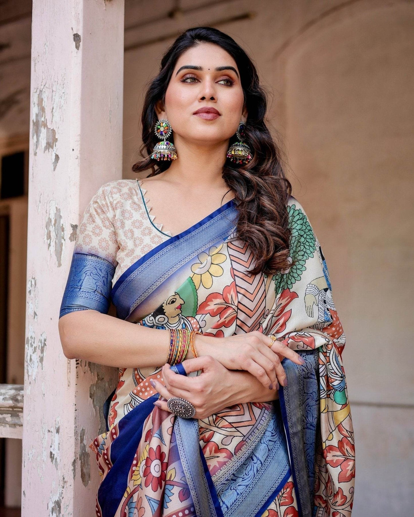 Multicolor Tussar Silk Saree with Artistic Floral Motifs and Traditional Blue Zari Border - SEEANS