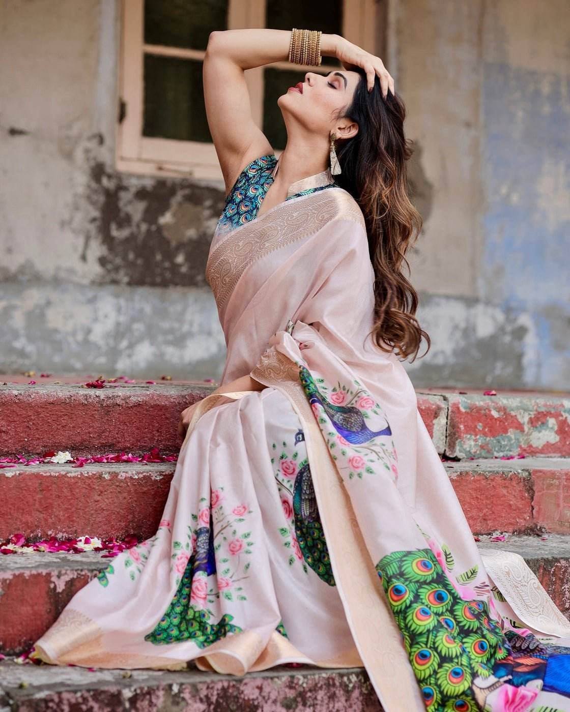 Soft Pastel Pink Tussar Silk Saree with Hand-Painted Peacock and Floral Motifs - SEEANS