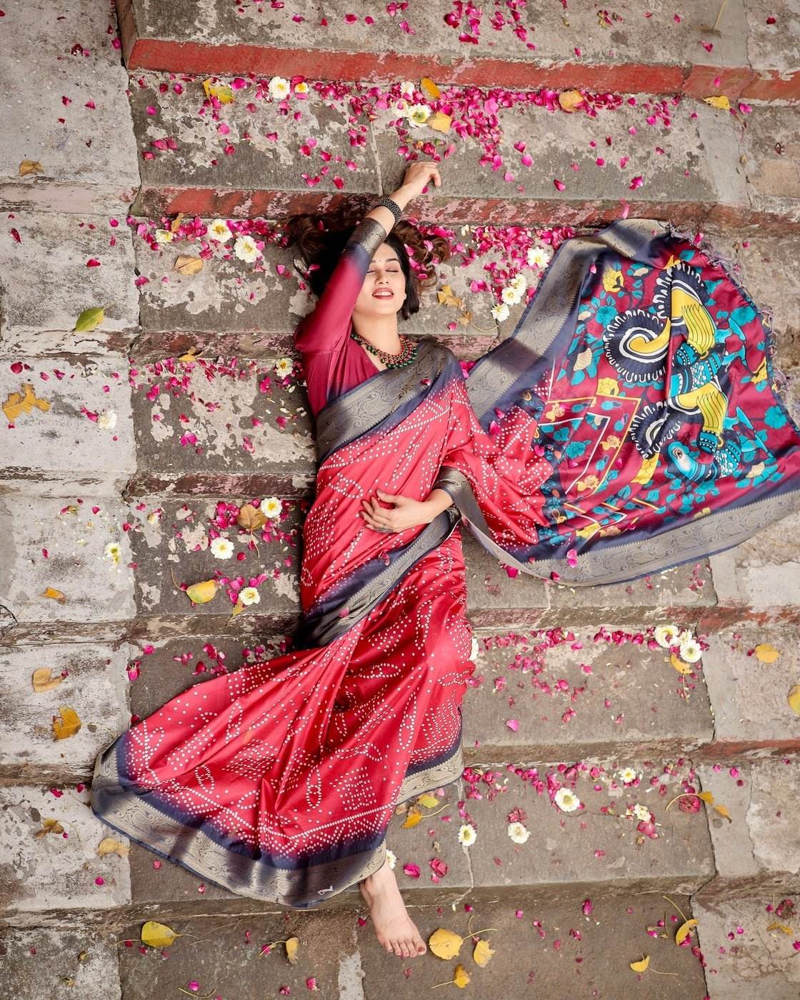 Crimson Red Tussar Silk Saree with Bandhani Patterns, Zari Border, and Vibrant Artistic Pallu - SEEANS