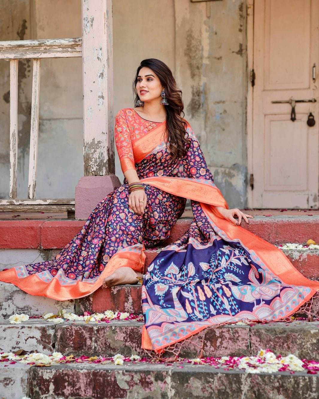 Navy Blue and Peach Tussar Silk Saree with Peacock Motifs and Floral Zari Border - SEEANS