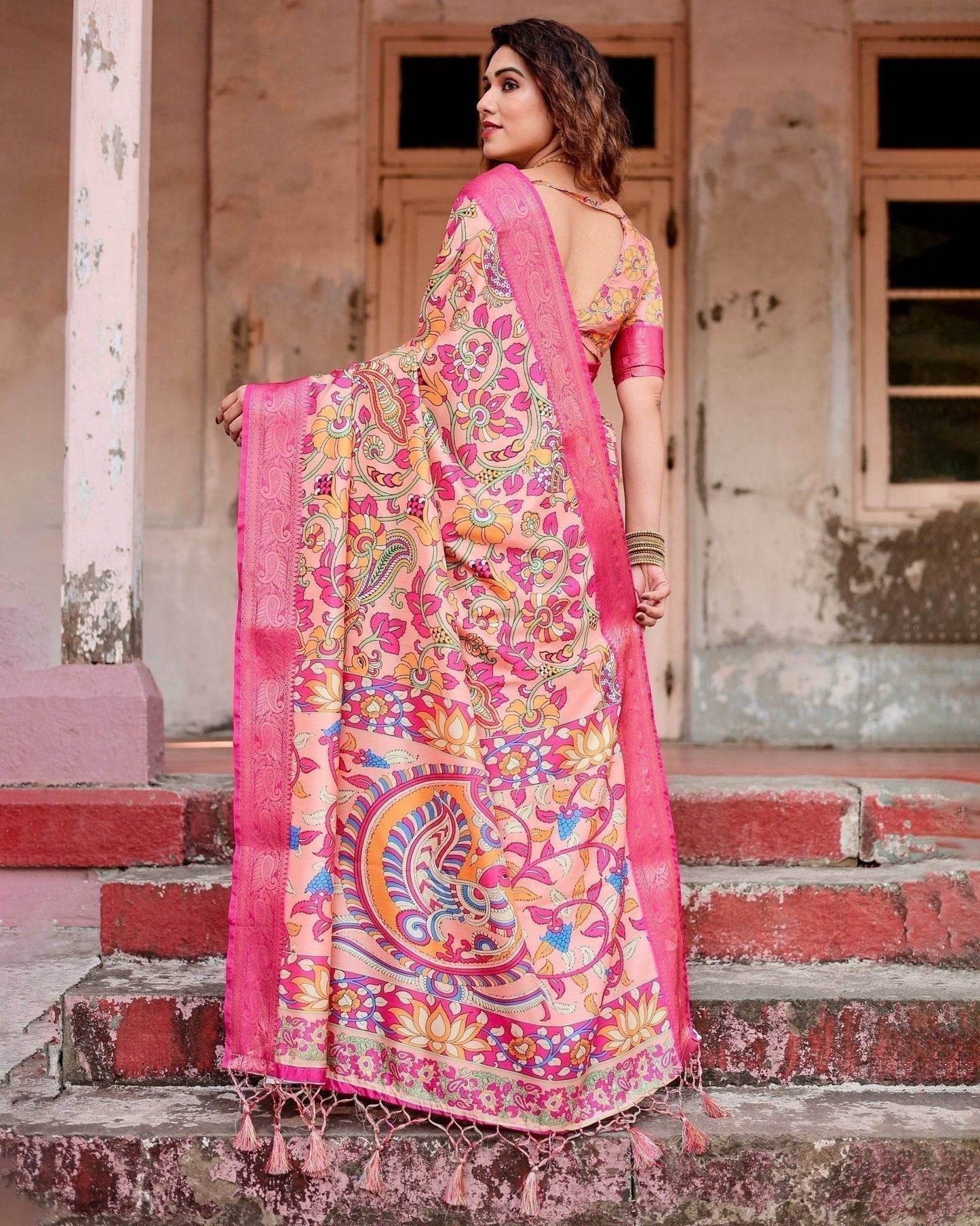 Peach and Fuchsia Floral Digital Print Tussar Silk Saree with Zari Border and Paisley Pallu - SEEANS