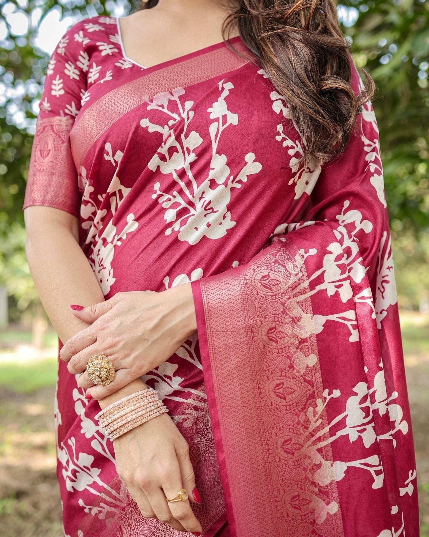 Maroon Tussar Silk Saree with White Floral Motifs, Intricate Zari Border, and Elegant Tassel Pallu - SEEANS
