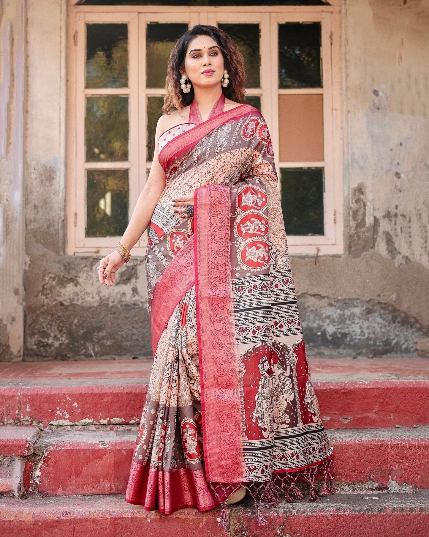 Beige and Red Tussar Silk Saree with Traditional Motifs and Ornamental Zari Border - SEEANS