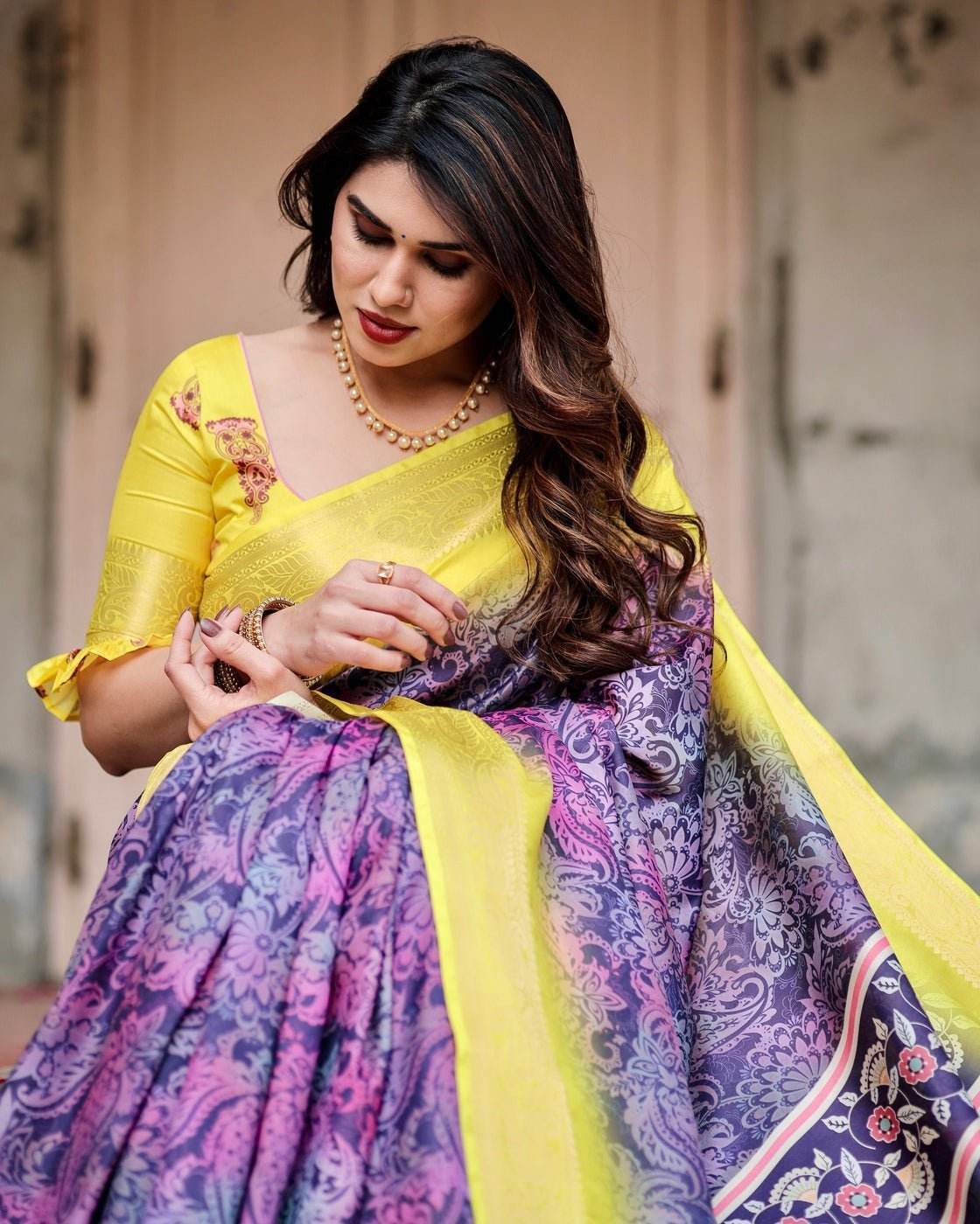 Purple and Yellow Tussar Silk Saree with Artistic Peacock Pallu and Zari Border - SEEANS