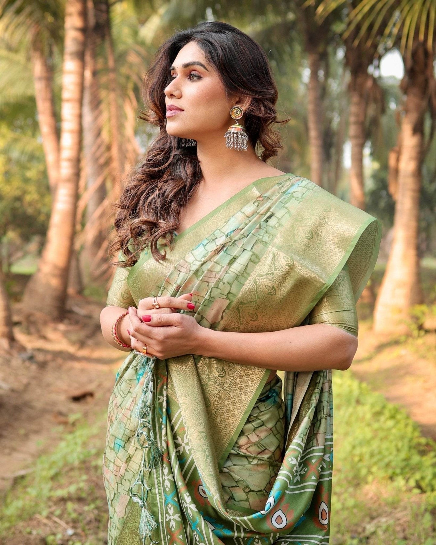 Elegant Light Green Tussar Silk Saree with Zari Motif Border and Contemporary Checkered Pallu Design - SEEANS
