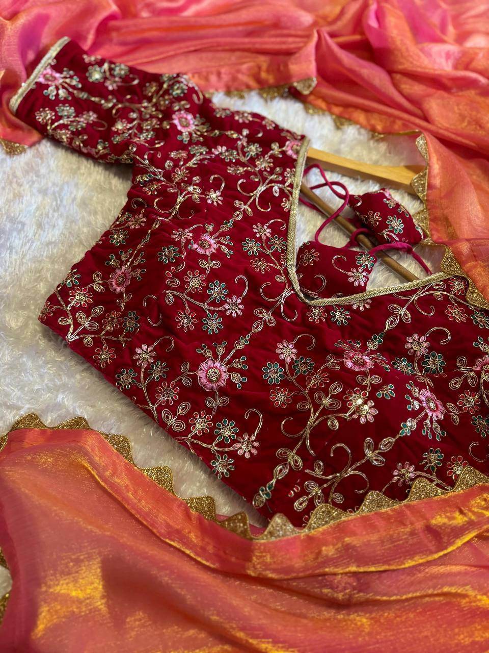 Sabyasanchi Wedding Party Wear Fendy Silk Saree with Velvet Blouse - SEEANS