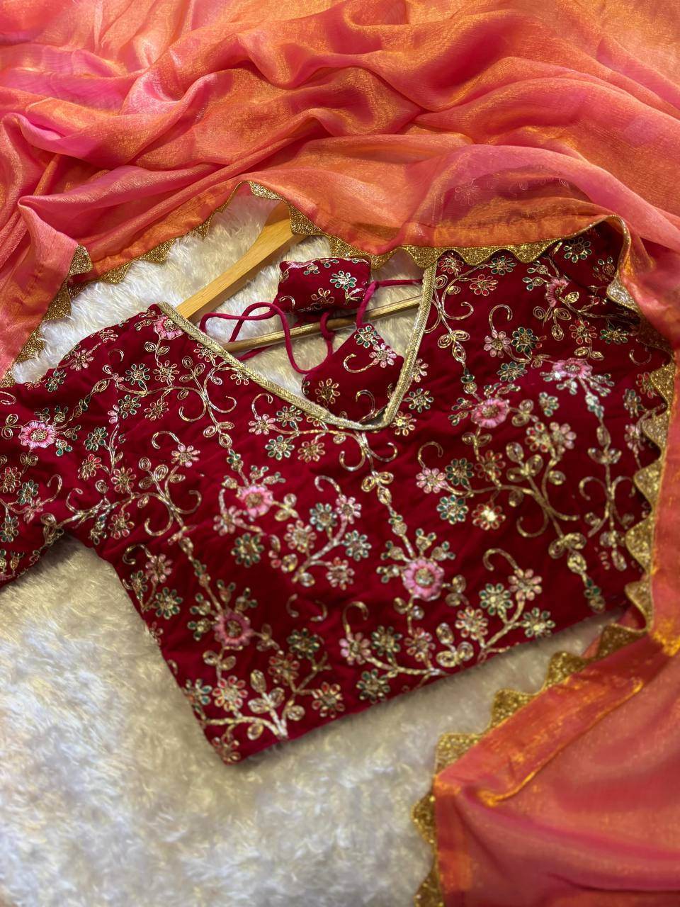 Sabyasanchi Wedding Party Wear Fendy Silk Saree with Velvet Blouse - SEEANS