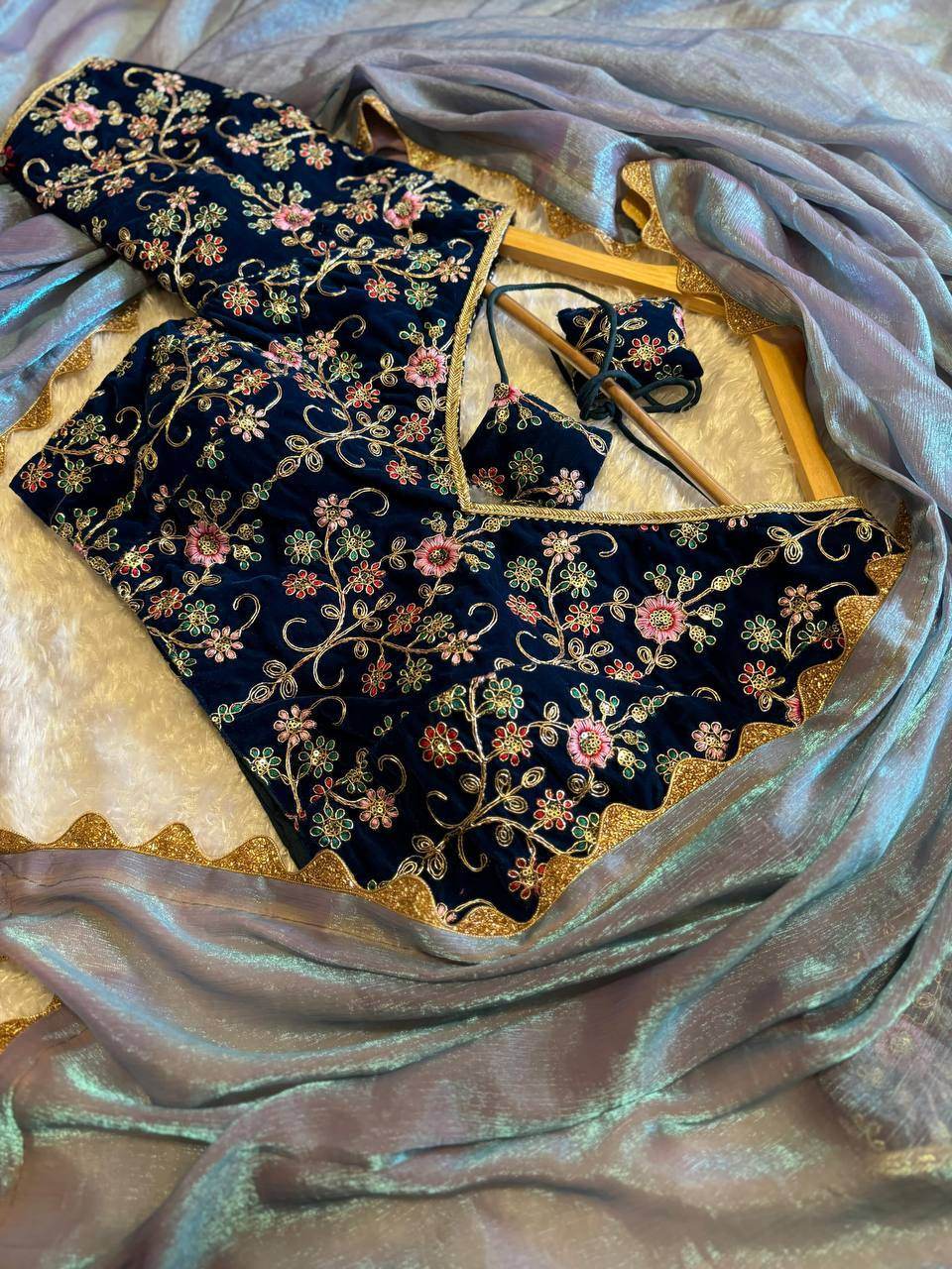 Sabyasanchi Fendy Silk Saree with Embroidered Velvet Blouse - SEEANS