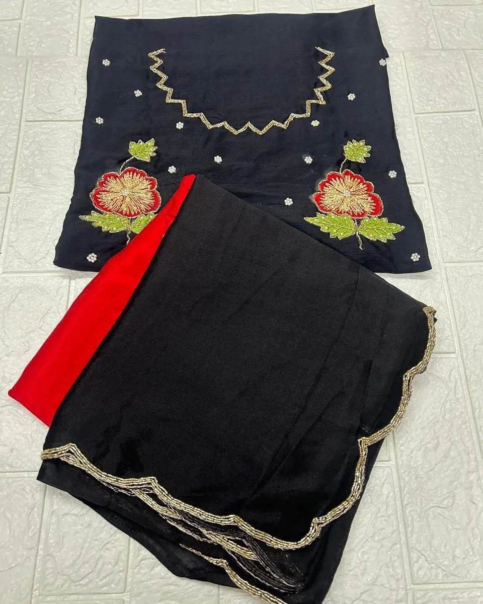 Handcrafted Georgette Khatli Work Saree with Unstitched Blouse – 5.5 Mtr - SEEANS