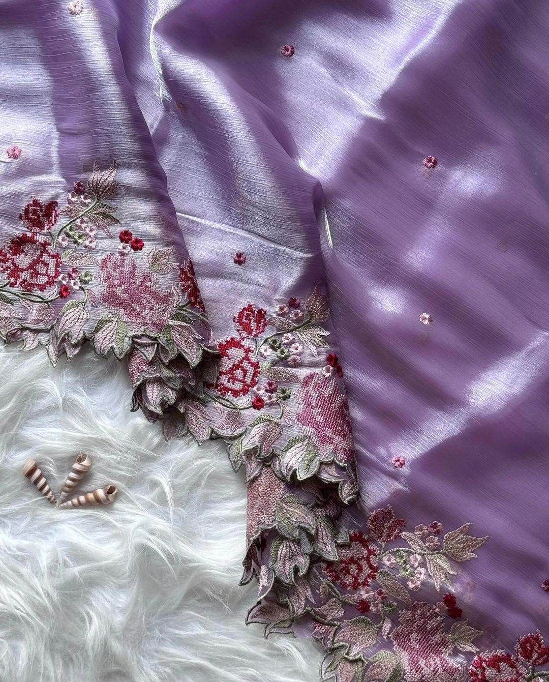 Sky Barbari Jimmy Choo Saree with Embroidery Work & Blouse - SEEANS
