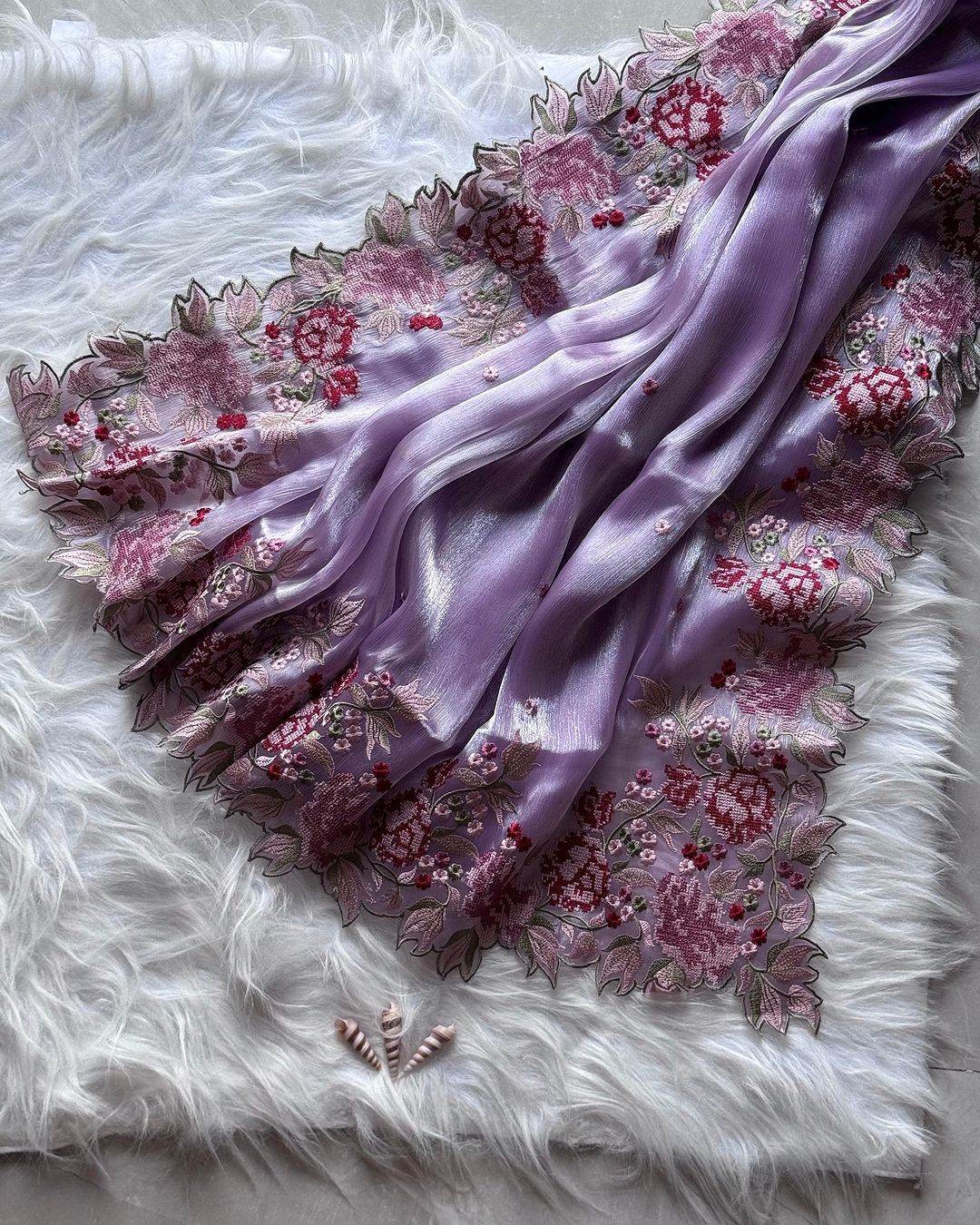 Sky Barbari Jimmy Choo Saree with Embroidery Work & Blouse - SEEANS