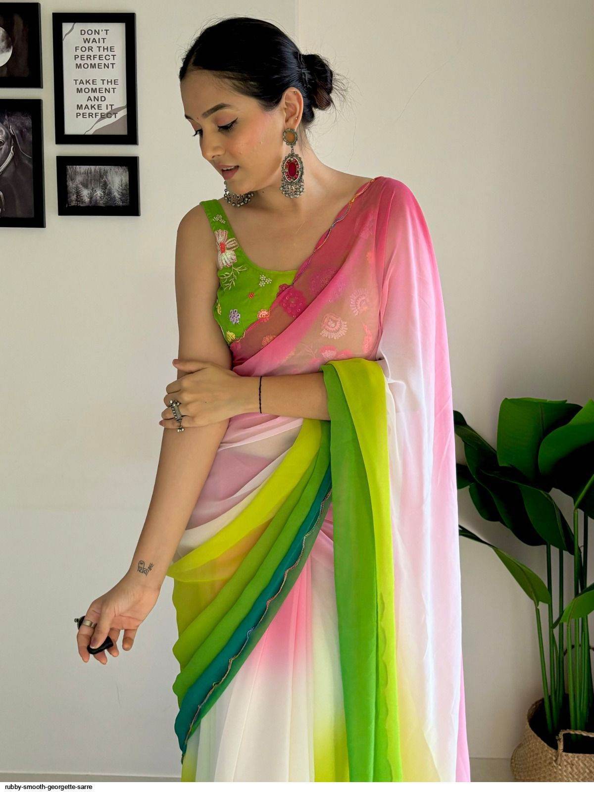 Shop Vintage Casual Saree with Faux Georgette & Embroidered Blouse - SEEANS