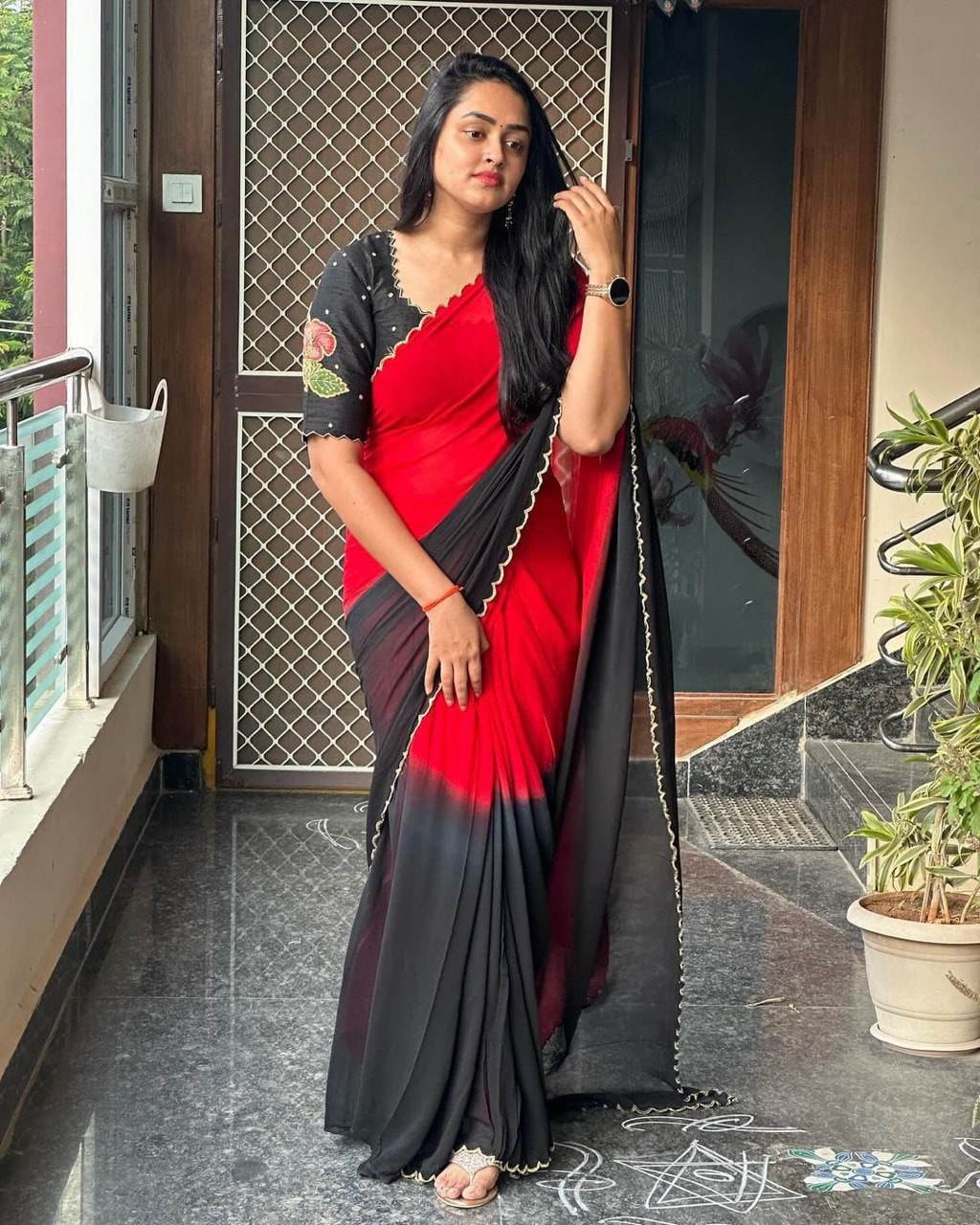 Handcrafted Georgette Khatli Work Saree with Unstitched Blouse – 5.5 Mtr - SEEANS