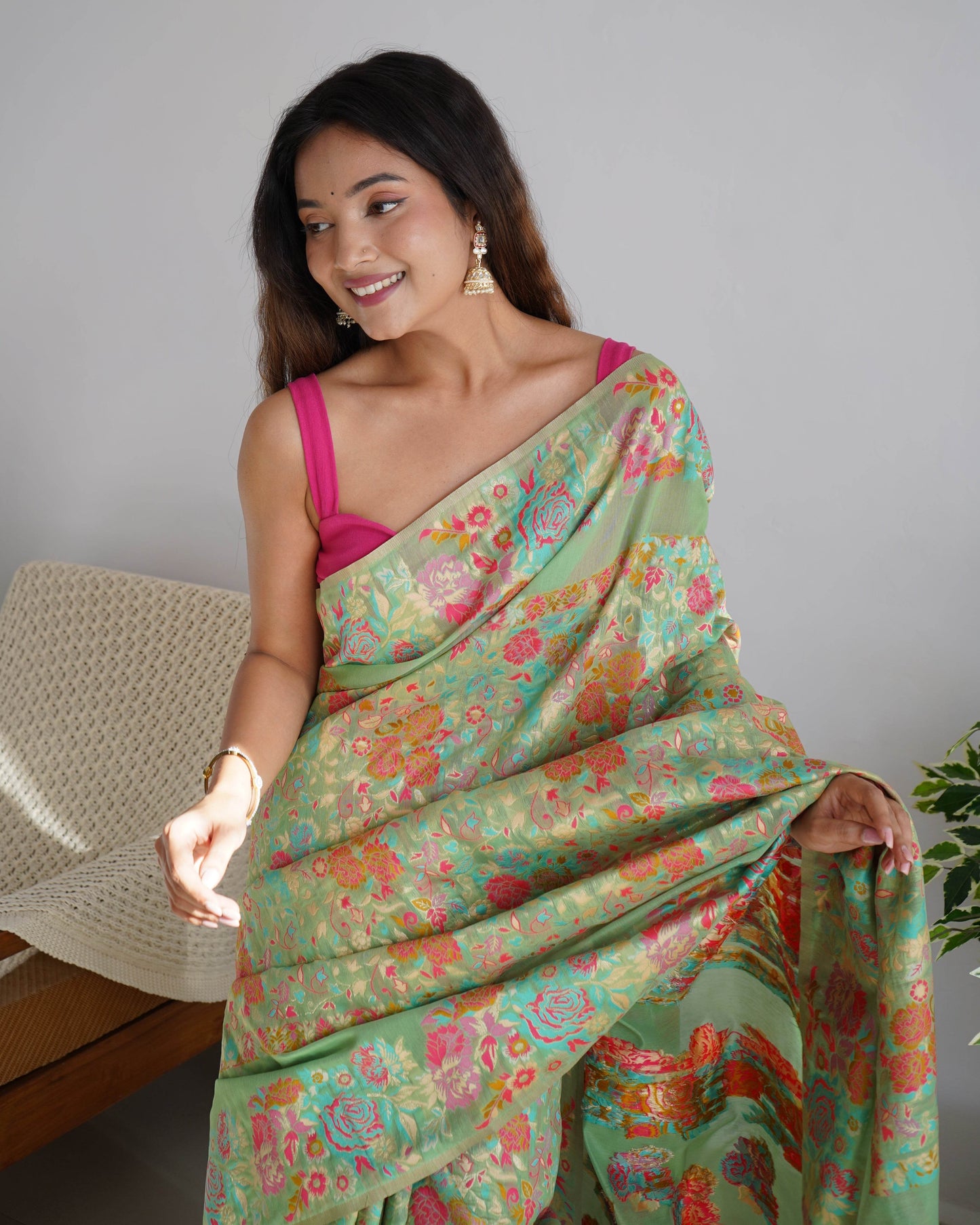 Kashmiri Pashmina Cotton Kachhi Work Multi Thread Saree – Elegant & Royal - SEEANS