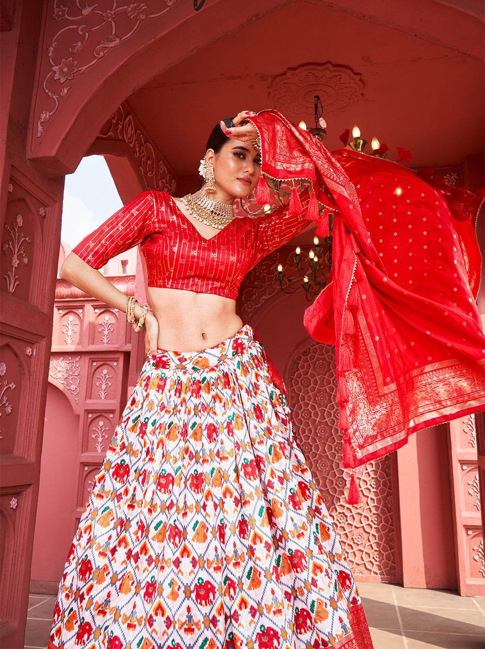 Vibrant Dola Silk Lehenga Choli for Navratri – Traditional & Festive Wear with Patola Print and Foil Work - SEEANS