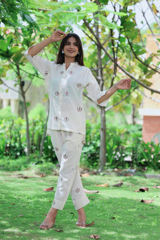 Designer Linen Blend Co-Ord Set for Women with Embroidery - SEEANS