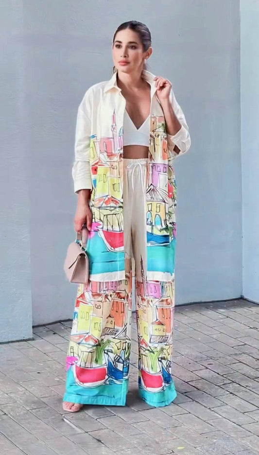 Women's Linen Blend Cord Set with Vibrant Digital Prints - SEEANS