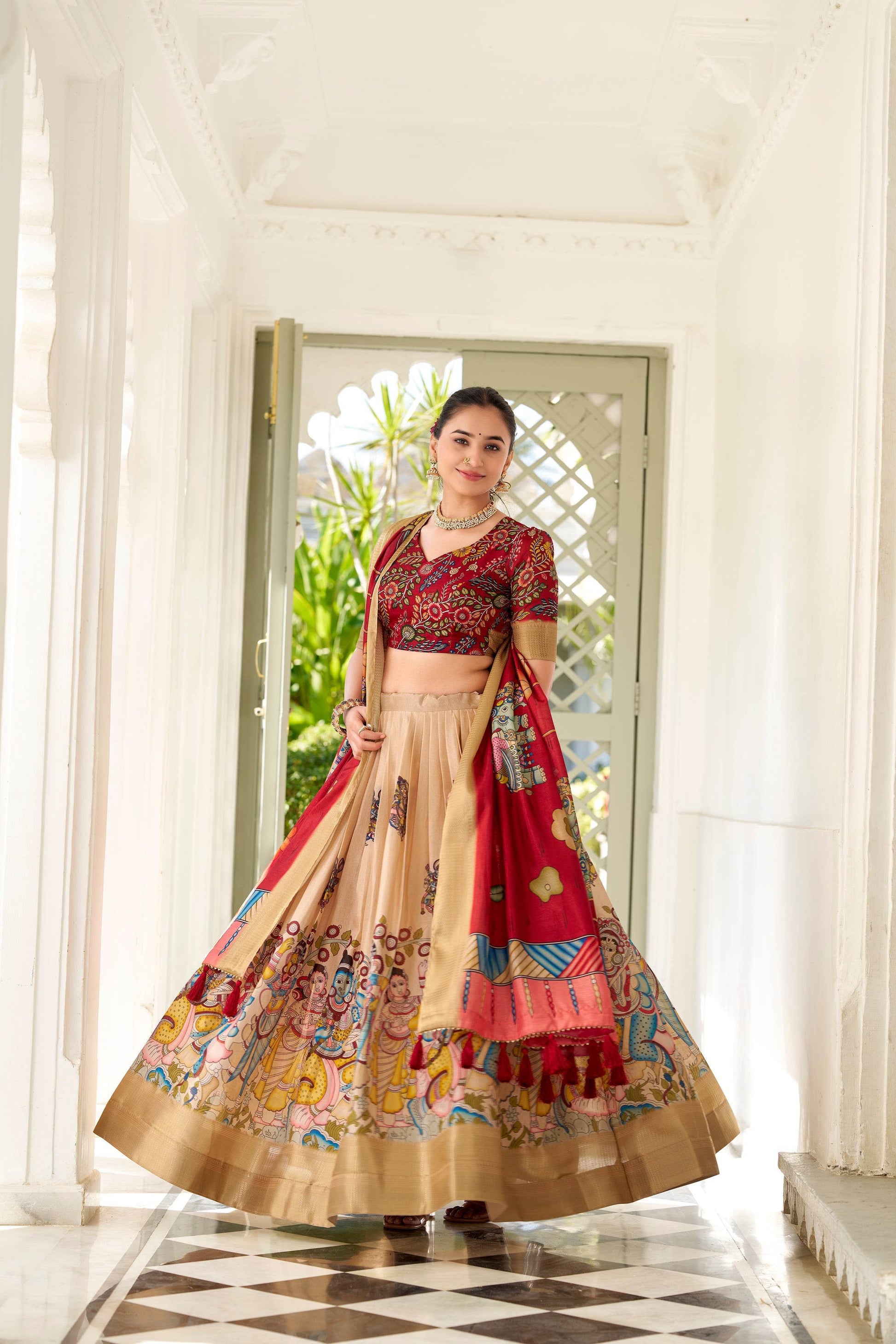 Dola Silk Kalamkari Printed Lehenga Choli with Dupatta | South Indian Half Saree Style - SEEANS