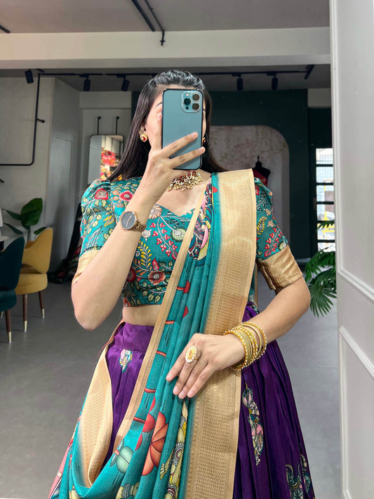 Dola Silk Kalamkari Printed Lehenga Choli with Dupatta | South Indian Half Saree Style - SEEANS
