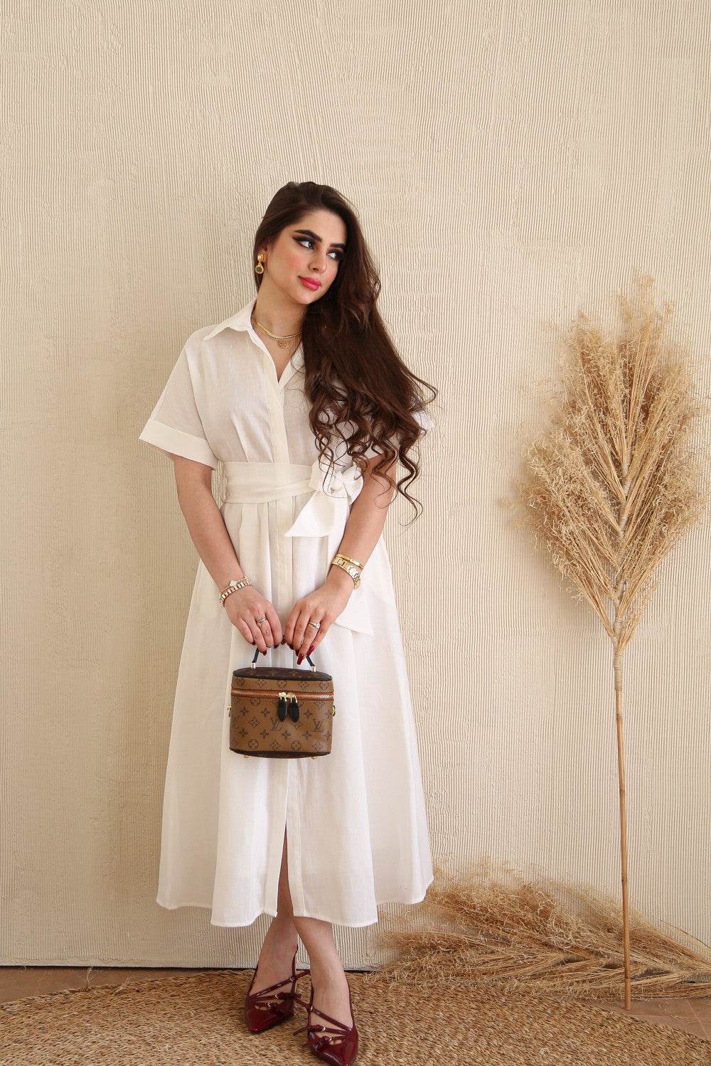 Women's Linen Blend Western Maxi Dress with Belt - Solid White - SEEANS