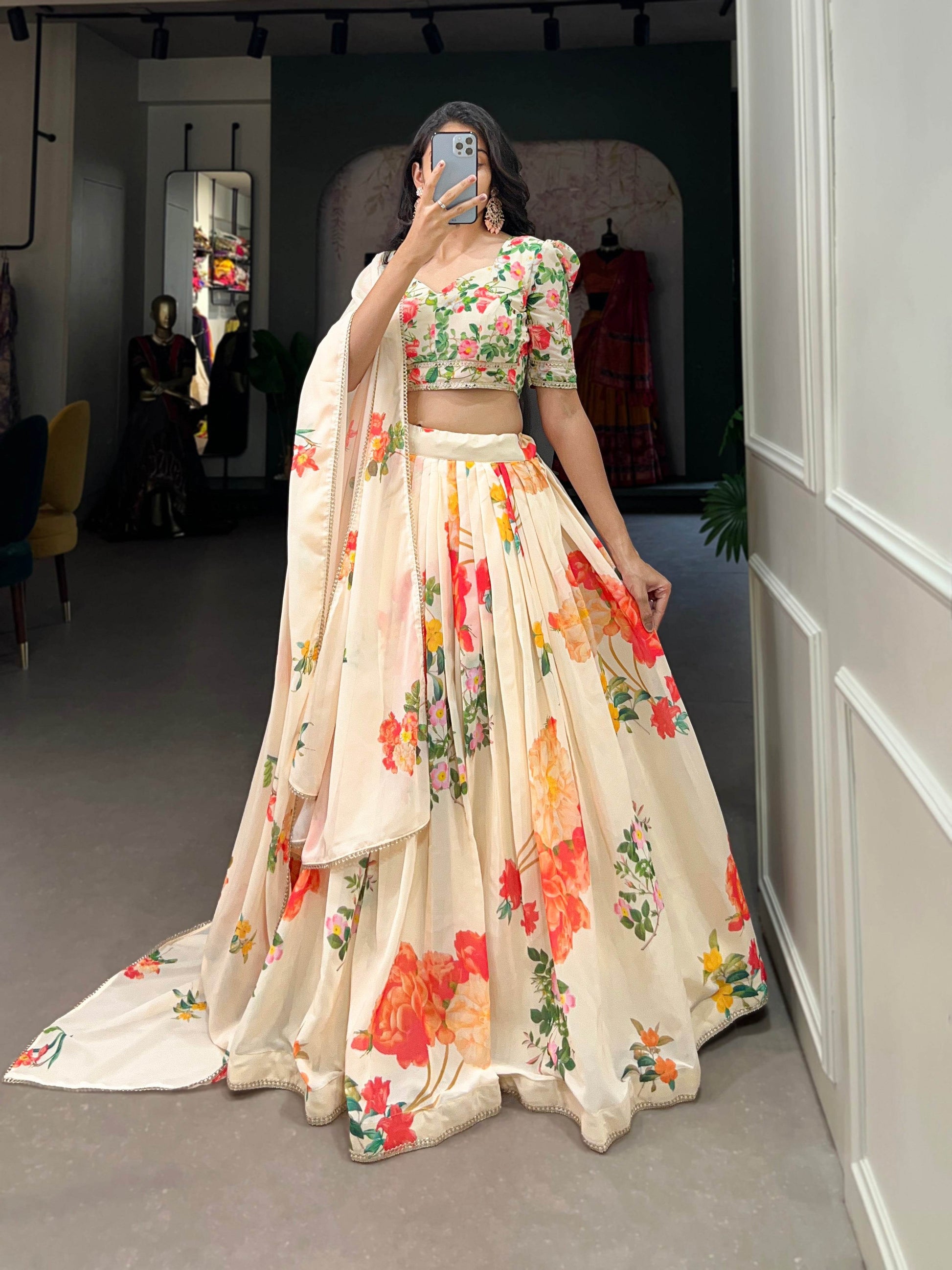 Floral Print Georgette Lehenga Choli with Lace Border – Stitched Lehenga, Unstitched Blouse, and Dupatta - SEEANS