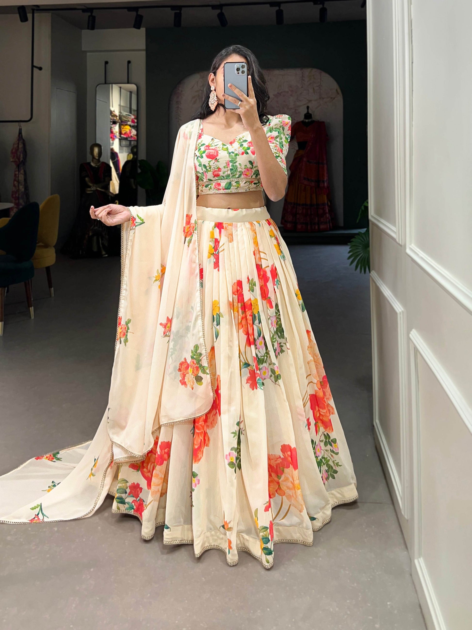 Floral Print Georgette Lehenga Choli with Lace Border – Stitched Lehenga, Unstitched Blouse, and Dupatta - SEEANS