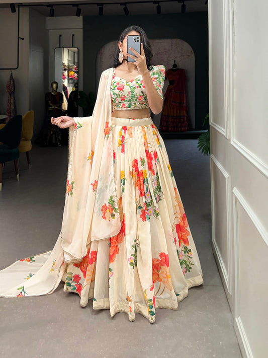 Floral Print Georgette Lehenga Choli with Lace Border – Stitched Lehenga, Unstitched Blouse, and Dupatta - SEEANS
