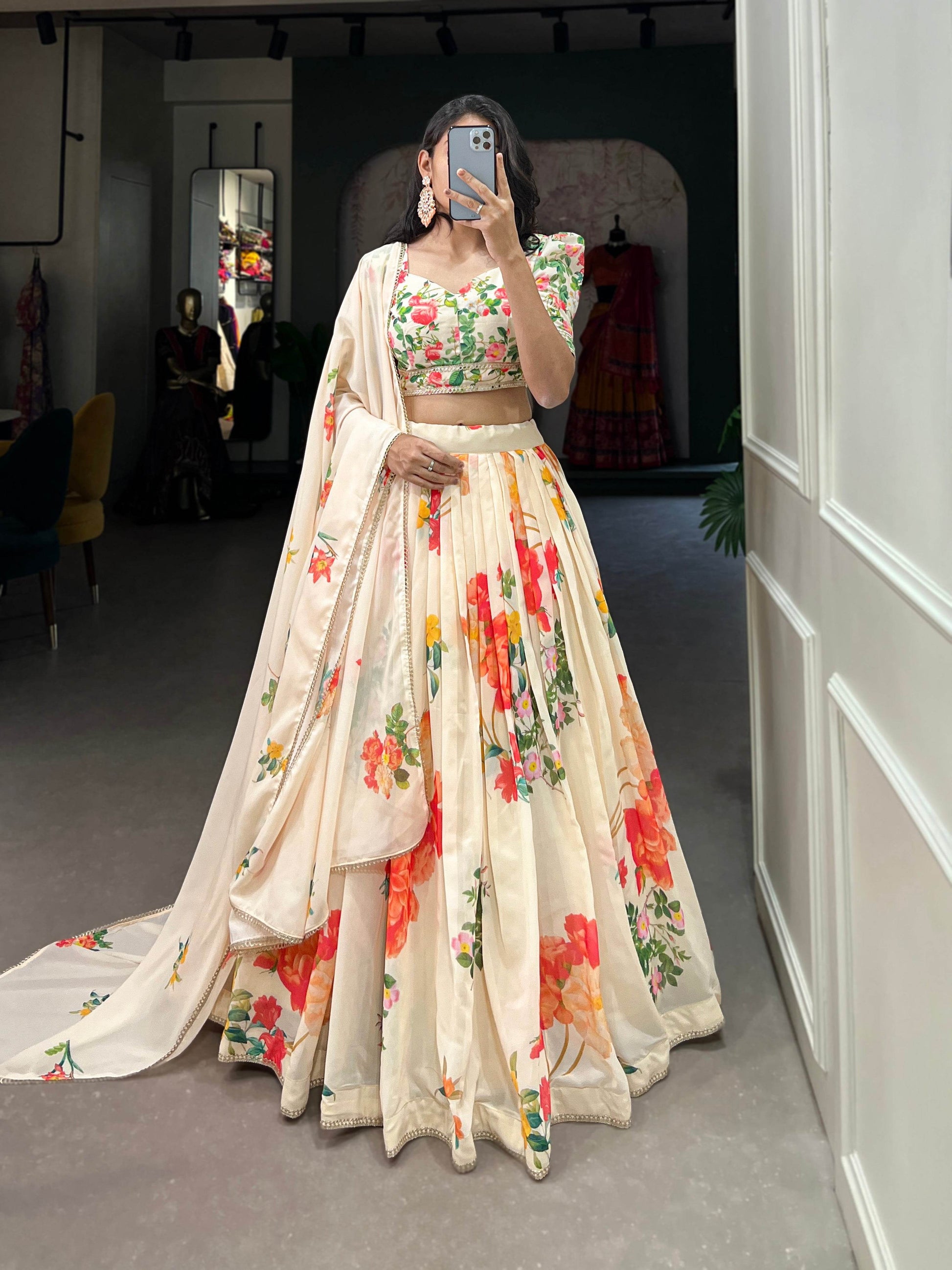 Floral Print Georgette Lehenga Choli with Lace Border – Stitched Lehenga, Unstitched Blouse, and Dupatta - SEEANS