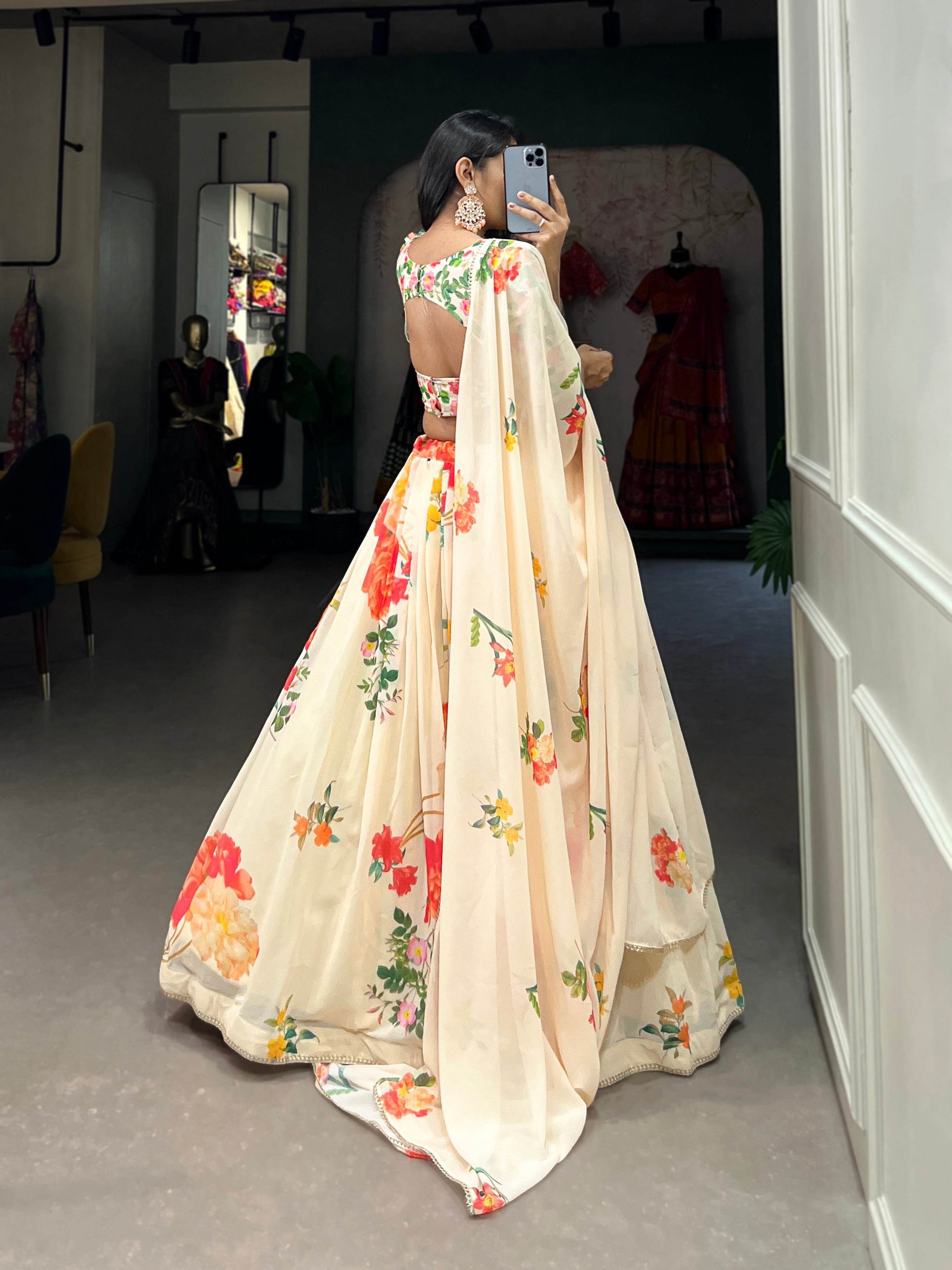 Floral Print Georgette Lehenga Choli with Lace Border – Stitched Lehenga, Unstitched Blouse, and Dupatta - SEEANS