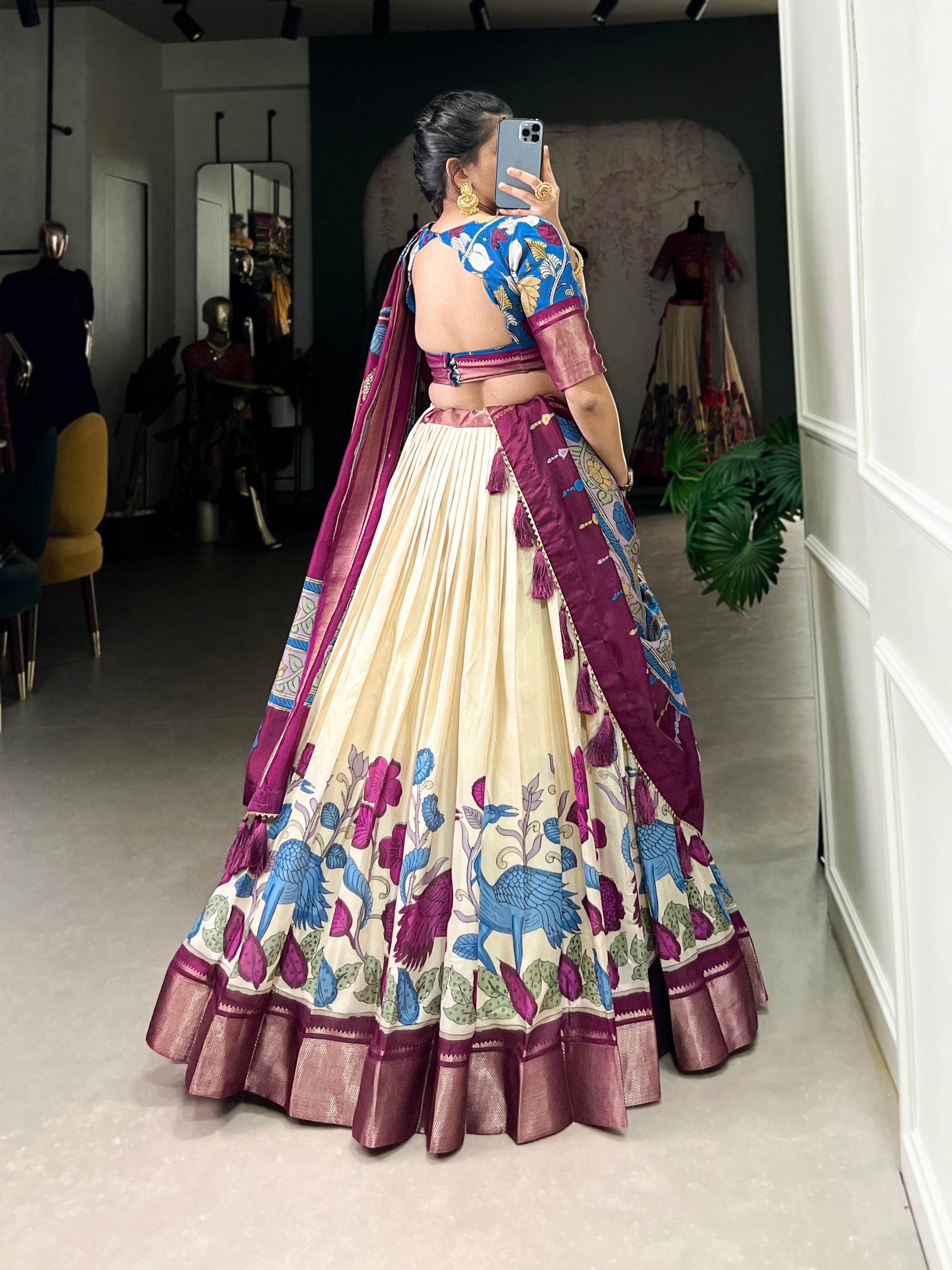 Anusha Kalamkari Dola Silk Lehenga Choli Set – Traditional Elegance with Modern Charm - SEEANS