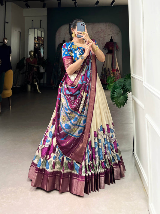 Anusha Kalamkari Dola Silk Lehenga Choli Set – Traditional Elegance with Modern Charm - SEEANS