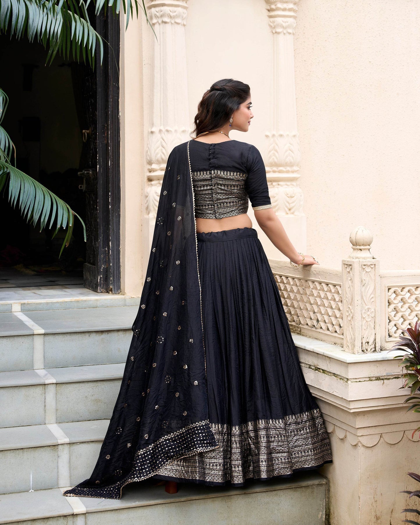 Pure Chanderi Plain Lehenga Choli with Zari Work Border & Sequin Embellished Dupatta - SEEANS