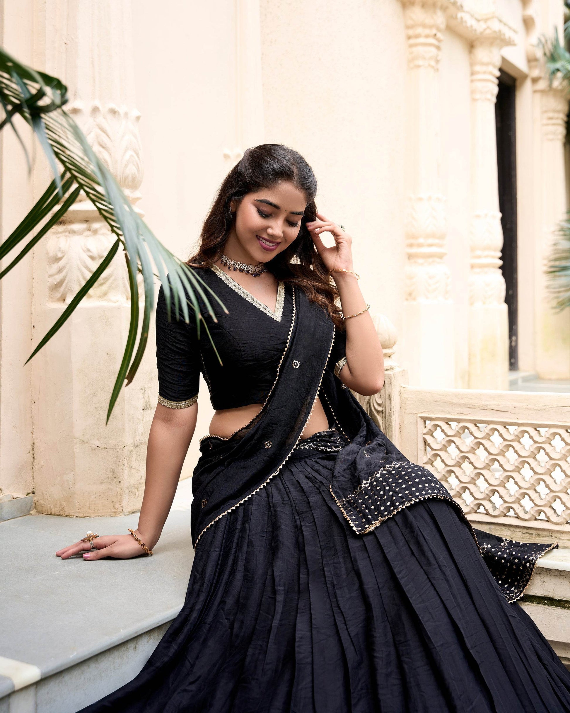 Pure Chanderi Plain Lehenga Choli with Zari Work Border & Sequin Embellished Dupatta - SEEANS