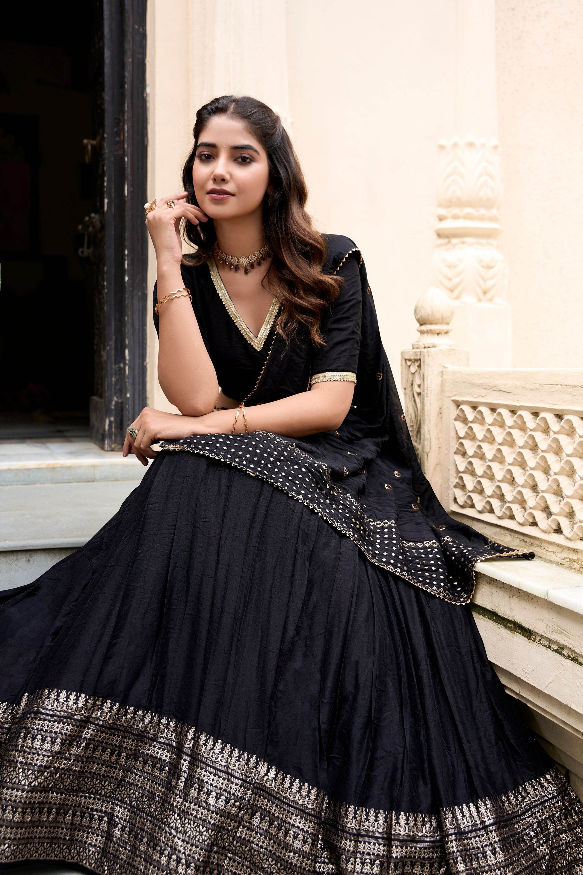 Pure Chanderi Plain Lehenga Choli with Zari Work Border & Sequin Embellished Dupatta - SEEANS