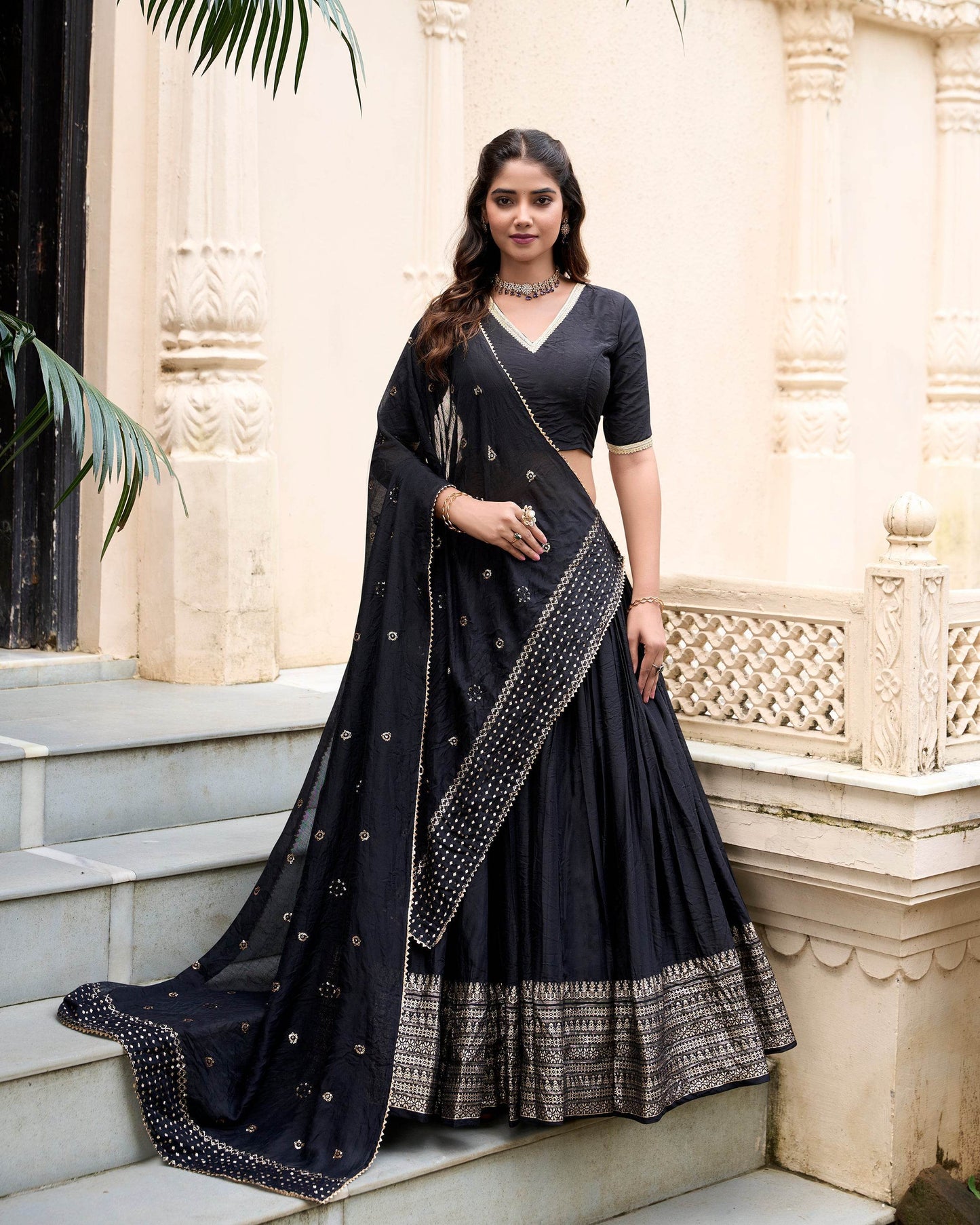 Pure Chanderi Plain Lehenga Choli with Zari Work Border & Sequin Embellished Dupatta - SEEANS