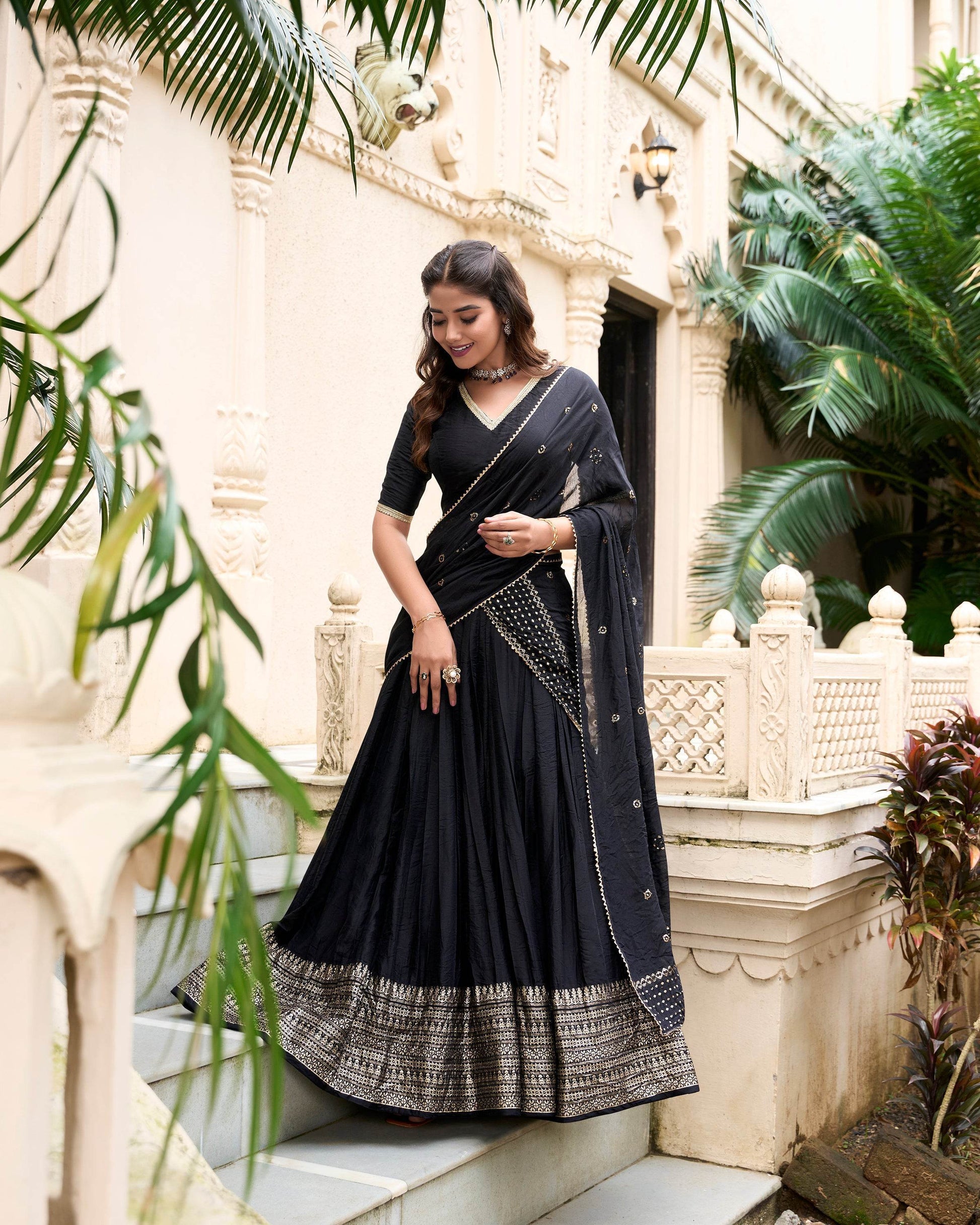 Pure Chanderi Plain Lehenga Choli with Zari Work Border & Sequin Embellished Dupatta - SEEANS