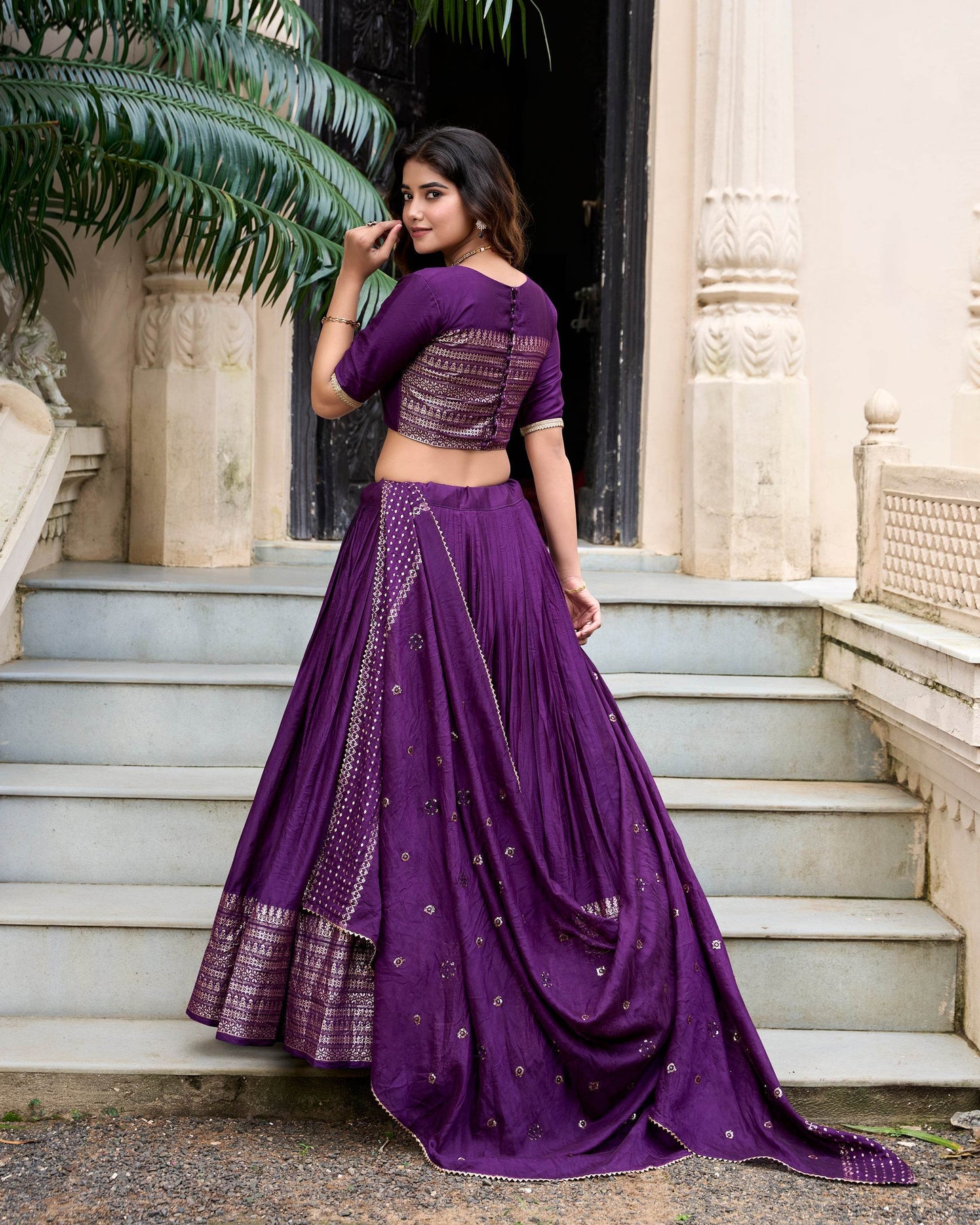 Pure Chanderi Plain Lehenga Choli with Zari Work Border & Sequin Embellished Dupatta - SEEANS