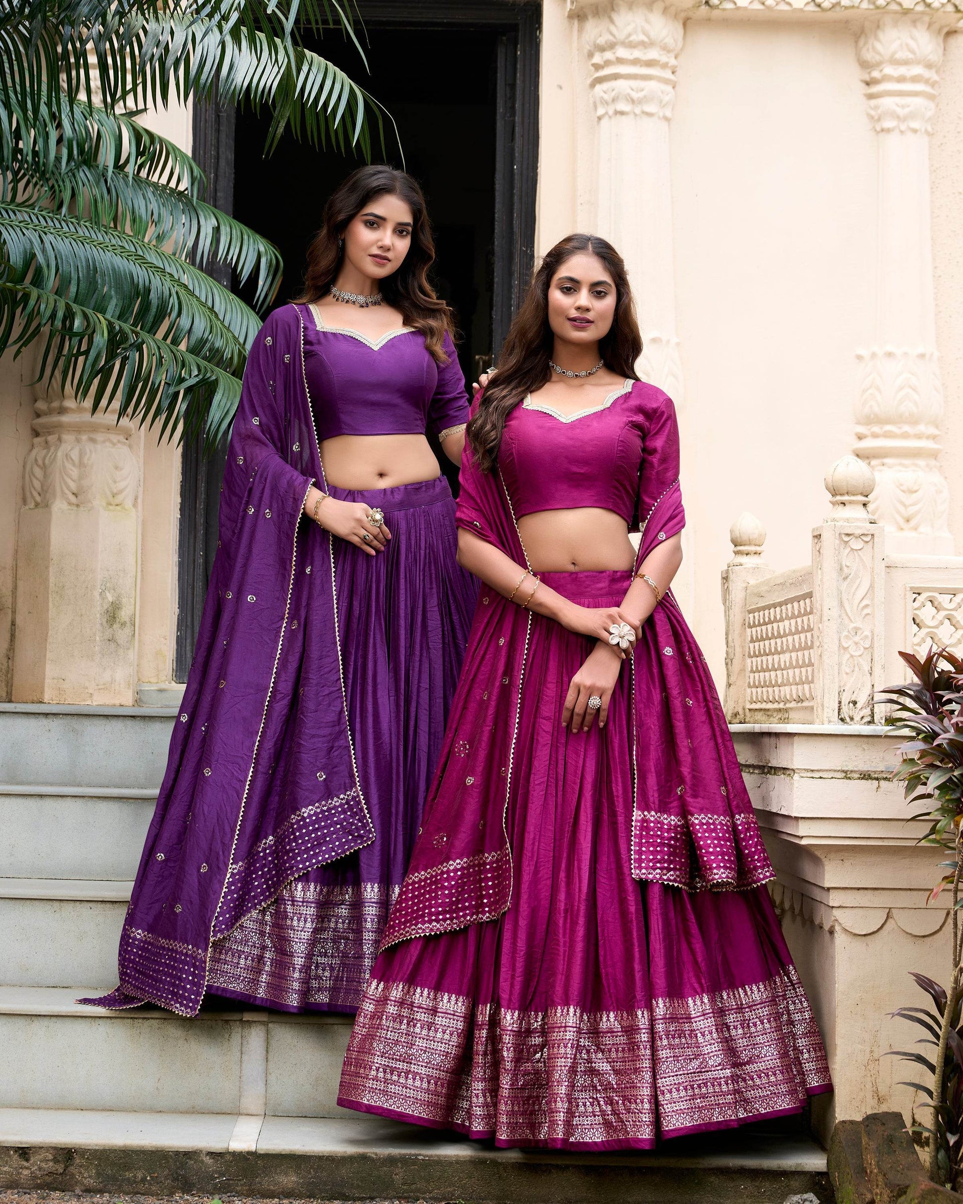 Pure Chanderi Plain Lehenga Choli with Zari Work Border & Sequin Embellished Dupatta - SEEANS