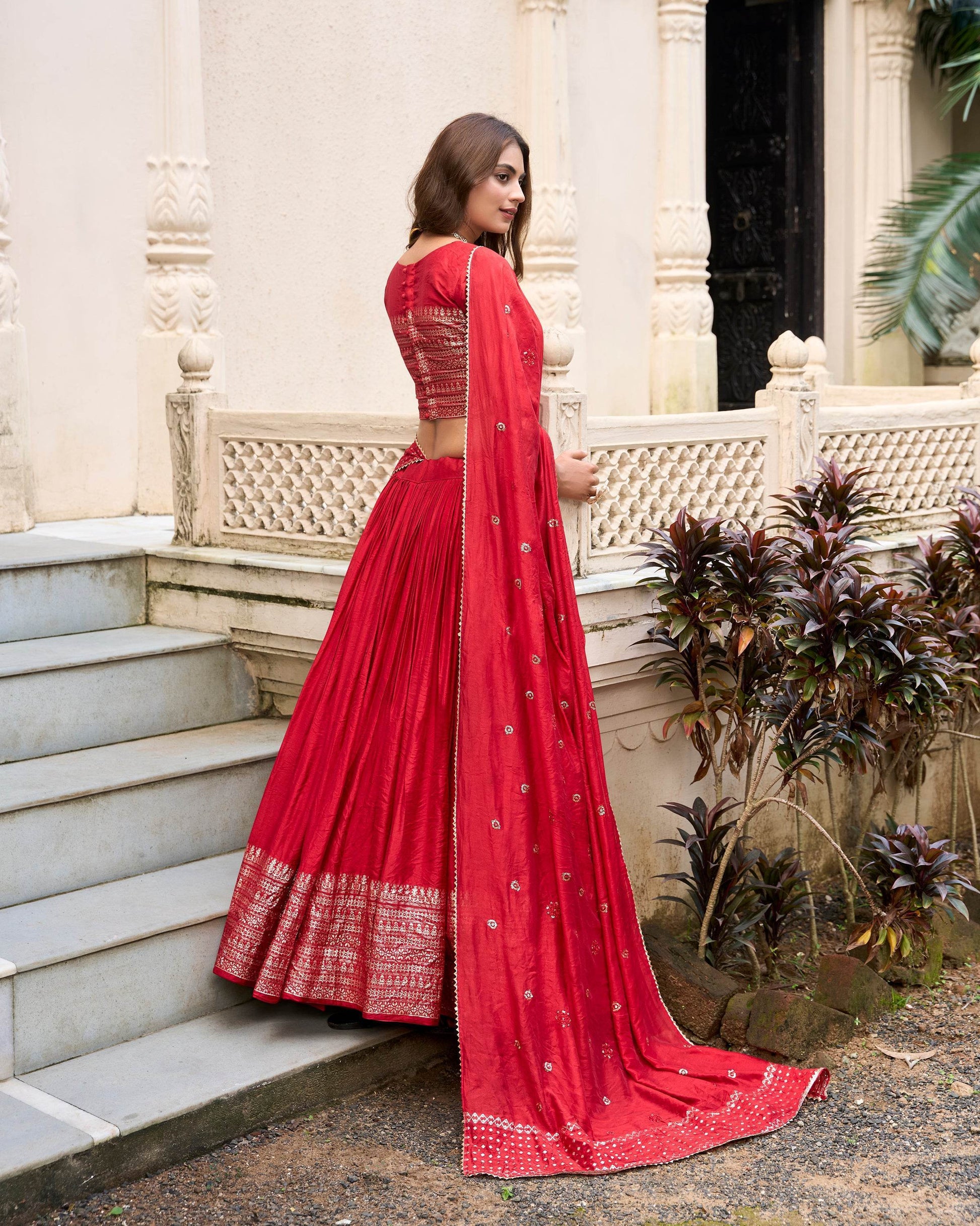Pure Chanderi Plain Lehenga Choli with Zari Work Border & Sequin Embellished Dupatta - SEEANS