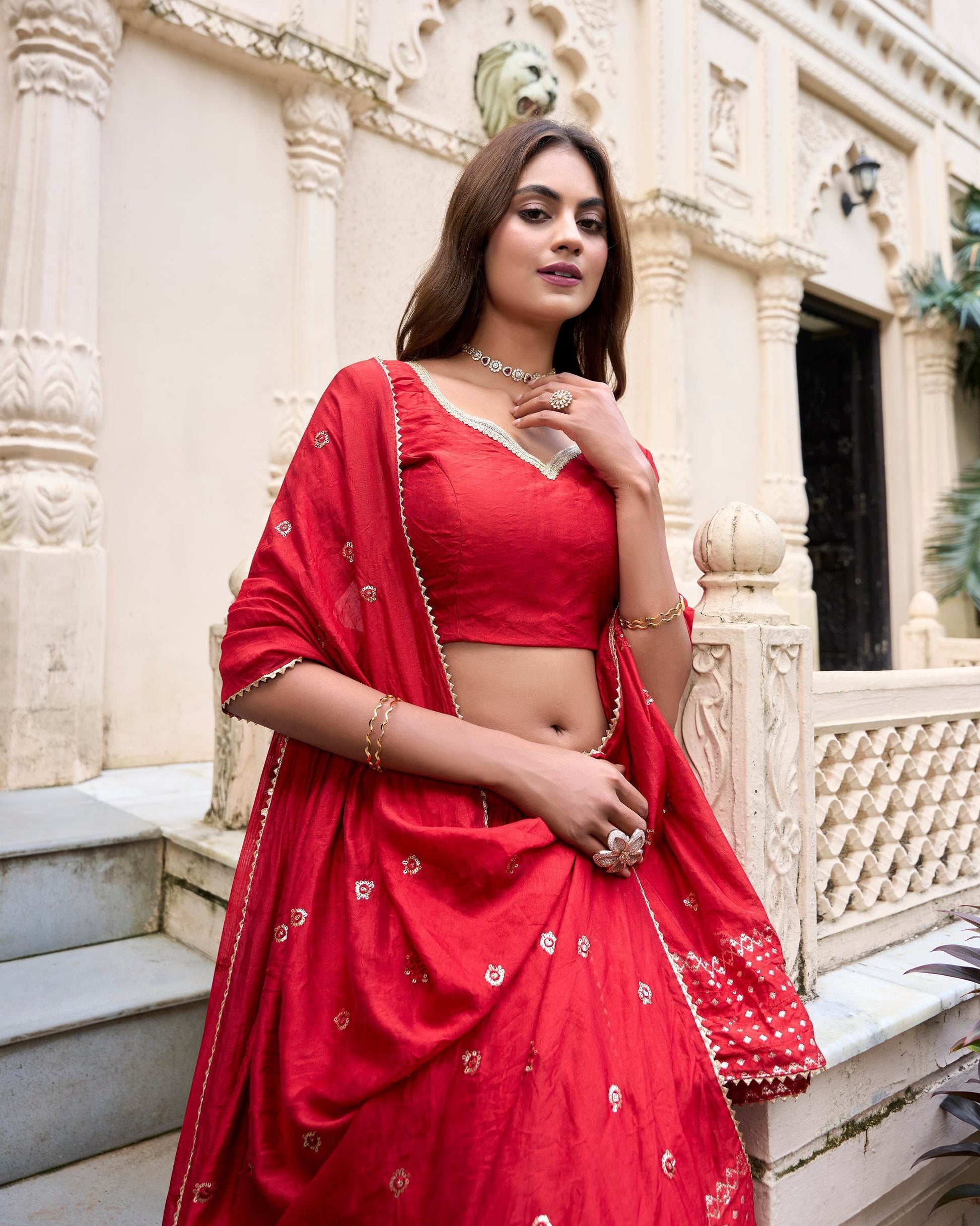 Pure Chanderi Plain Lehenga Choli with Zari Work Border & Sequin Embellished Dupatta - SEEANS