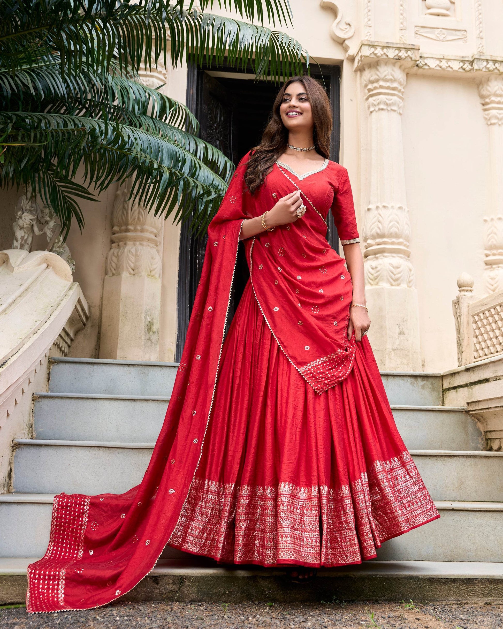 Pure Chanderi Plain Lehenga Choli with Zari Work Border & Sequin Embellished Dupatta - SEEANS