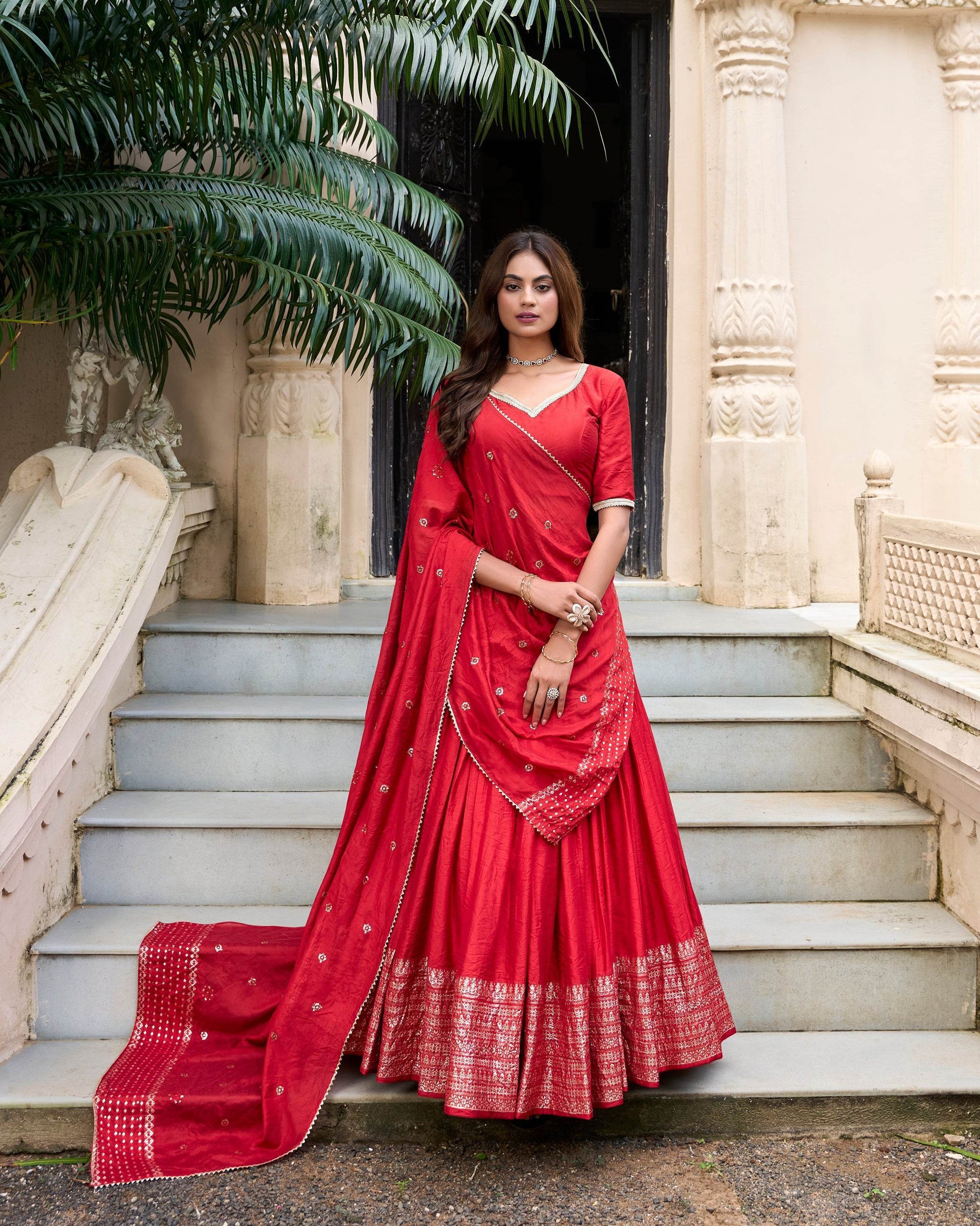 Pure Chanderi Plain Lehenga Choli with Zari Work Border & Sequin Embellished Dupatta - SEEANS