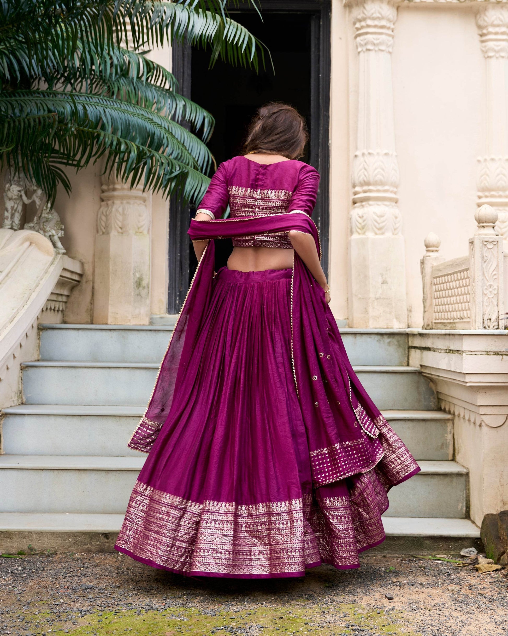 Pure Chanderi Plain Lehenga Choli with Zari Work Border & Sequin Embellished Dupatta - SEEANS