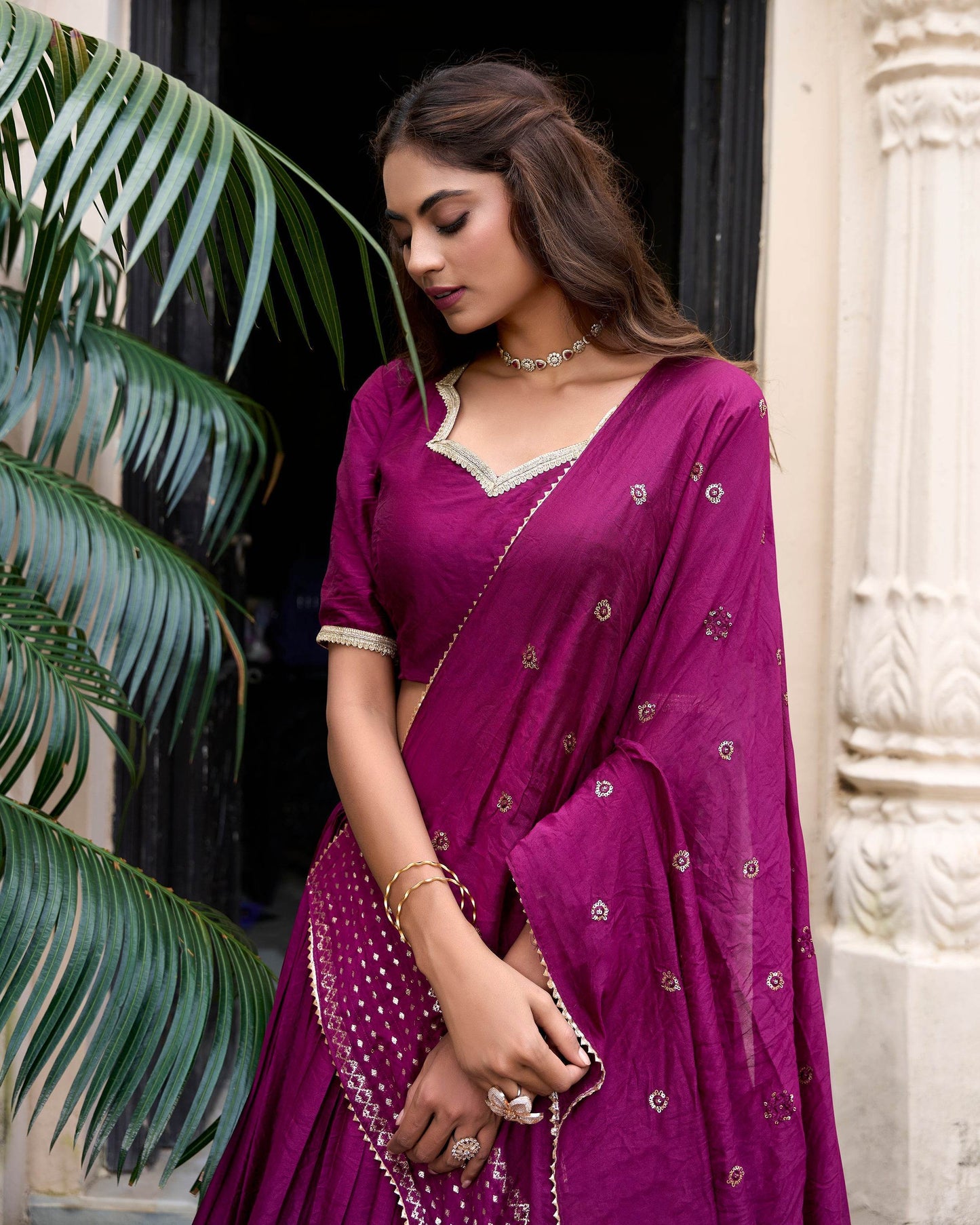 Pure Chanderi Plain Lehenga Choli with Zari Work Border & Sequin Embellished Dupatta - SEEANS