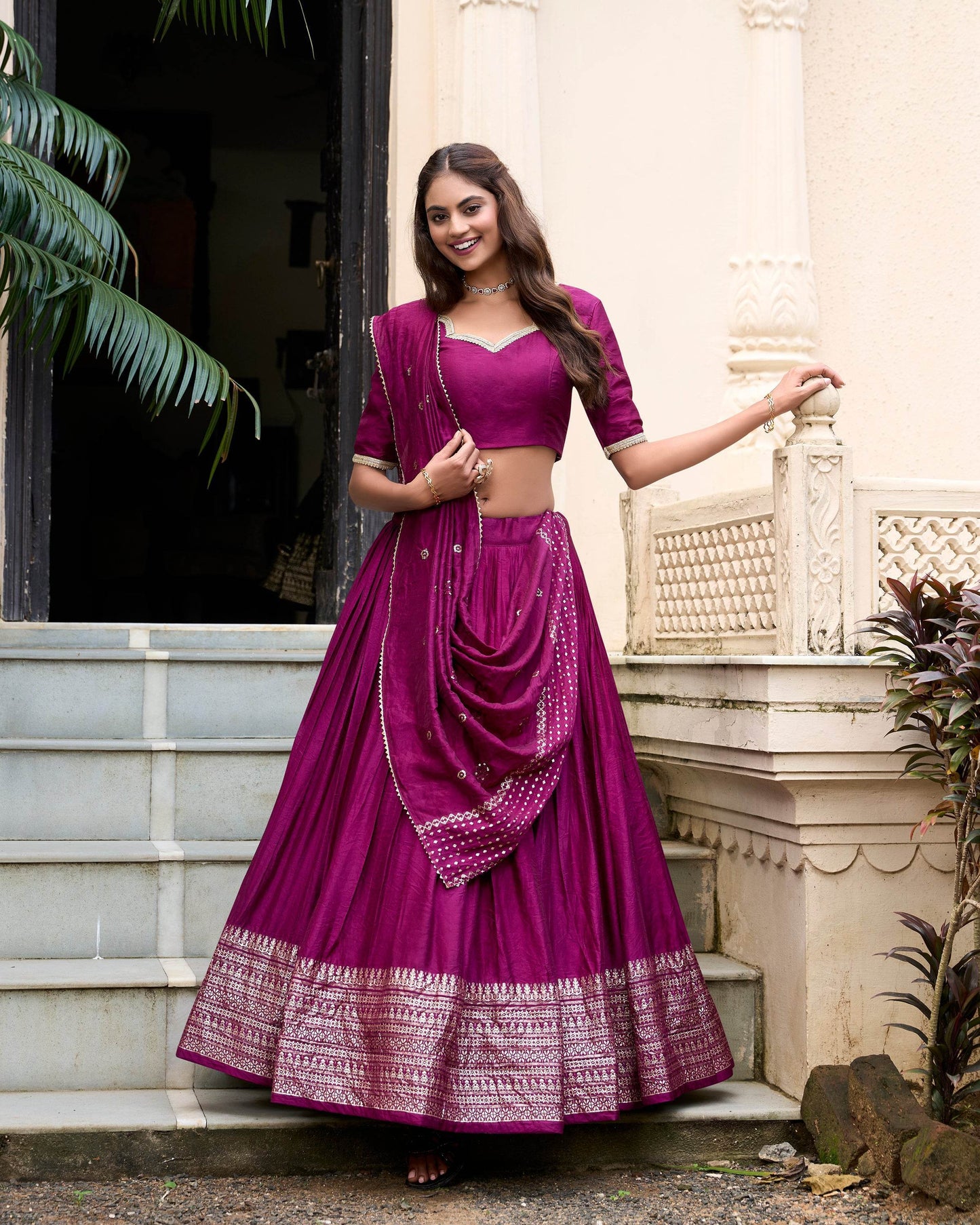 Pure Chanderi Plain Lehenga Choli with Zari Work Border & Sequin Embellished Dupatta - SEEANS