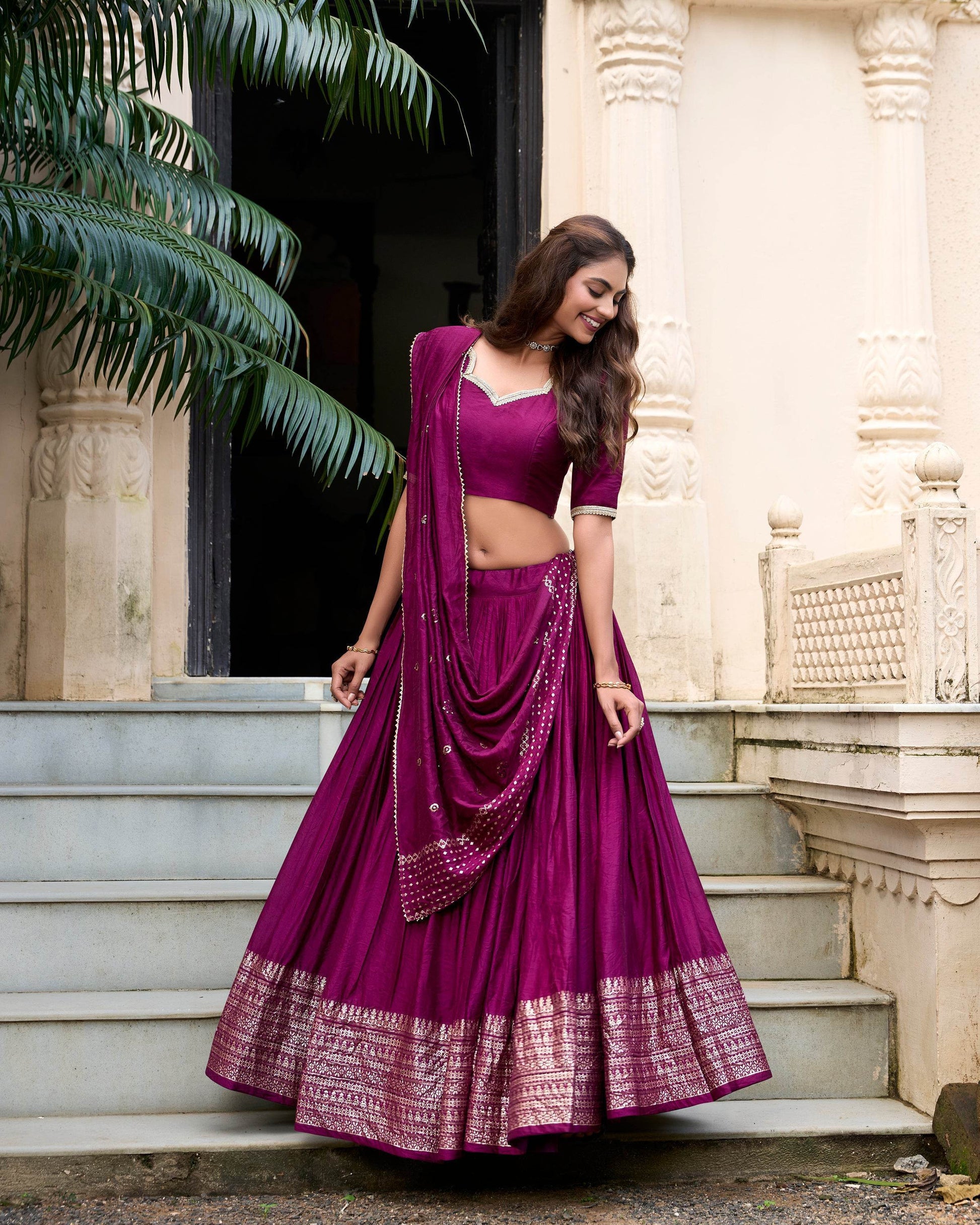 Pure Chanderi Plain Lehenga Choli with Zari Work Border & Sequin Embellished Dupatta - SEEANS