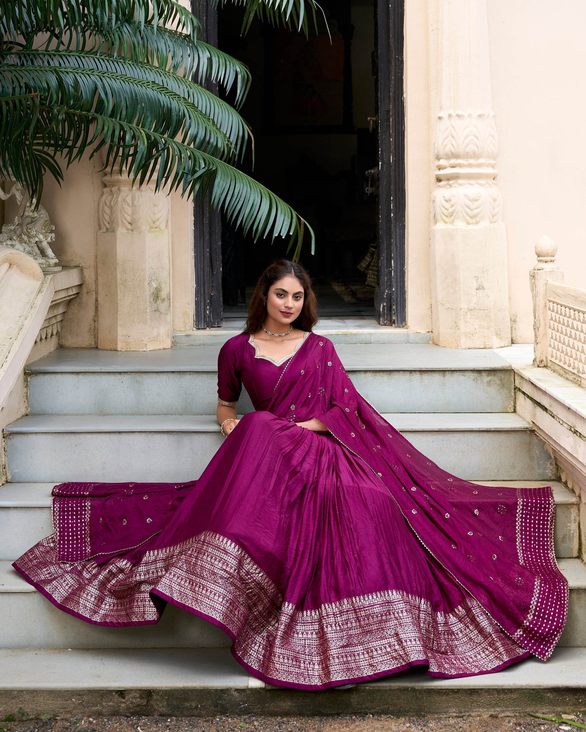 Pure Chanderi Plain Lehenga Choli with Zari Work Border & Sequin Embellished Dupatta - SEEANS