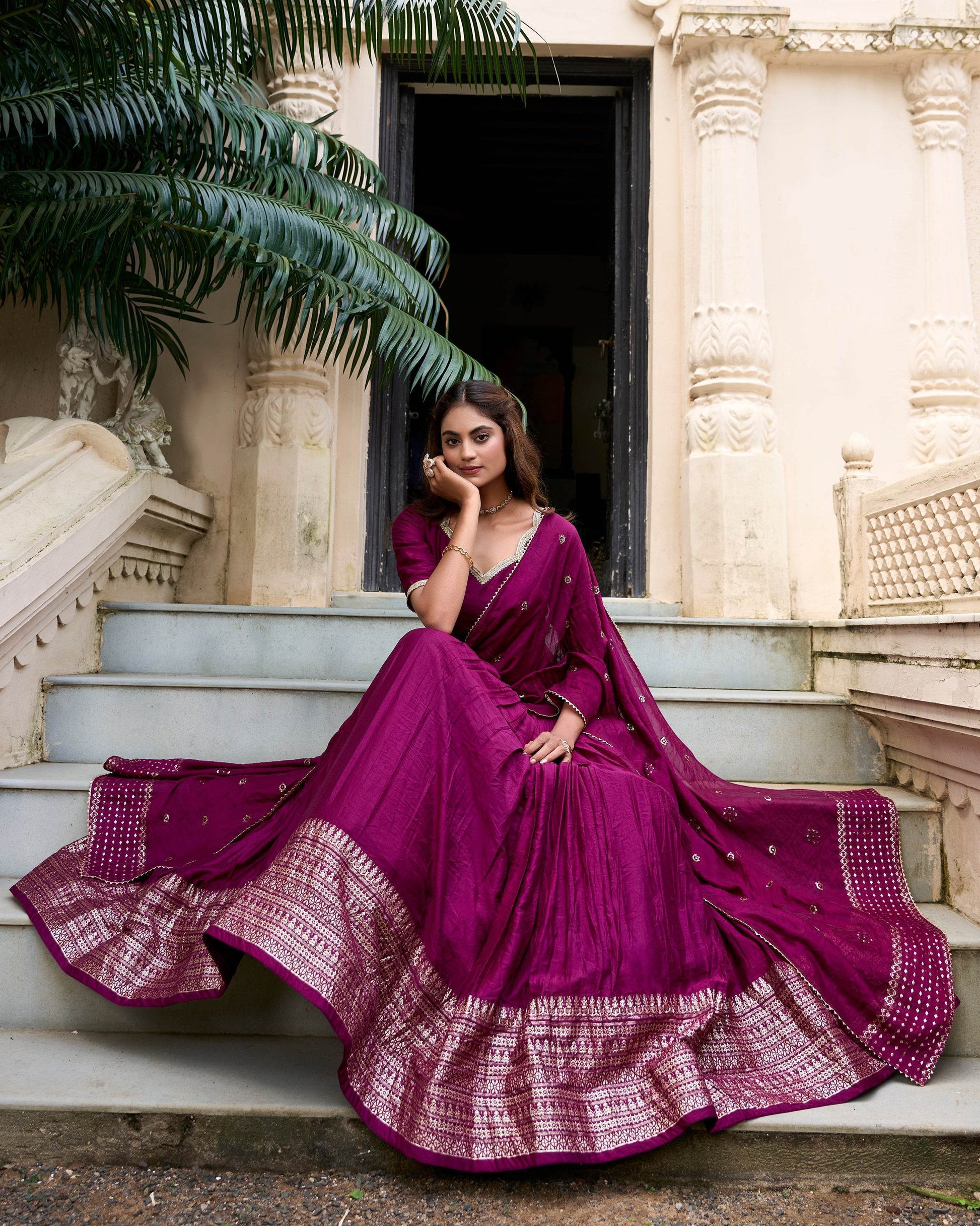 Pure Chanderi Plain Lehenga Choli with Zari Work Border & Sequin Embellished Dupatta - SEEANS