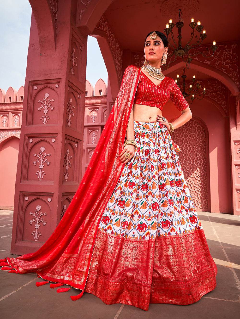 Vibrant Dola Silk Lehenga Choli for Navratri – Traditional & Festive Wear with Patola Print and Foil Work - SEEANS