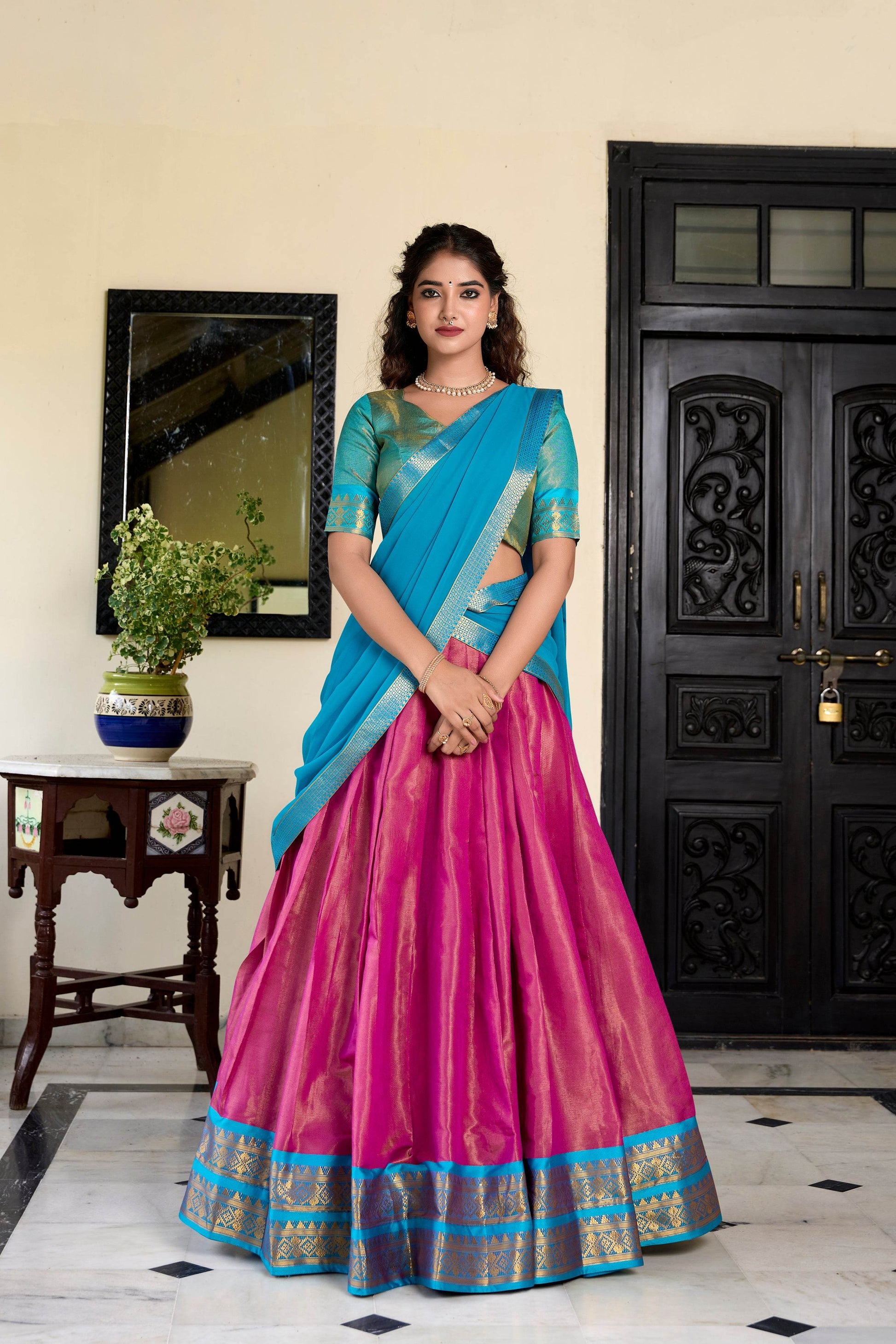 Regal Kanchipuram Lehenga Choli Set with Zari Weaving – Wedding & Traditional Wear - SEEANS
